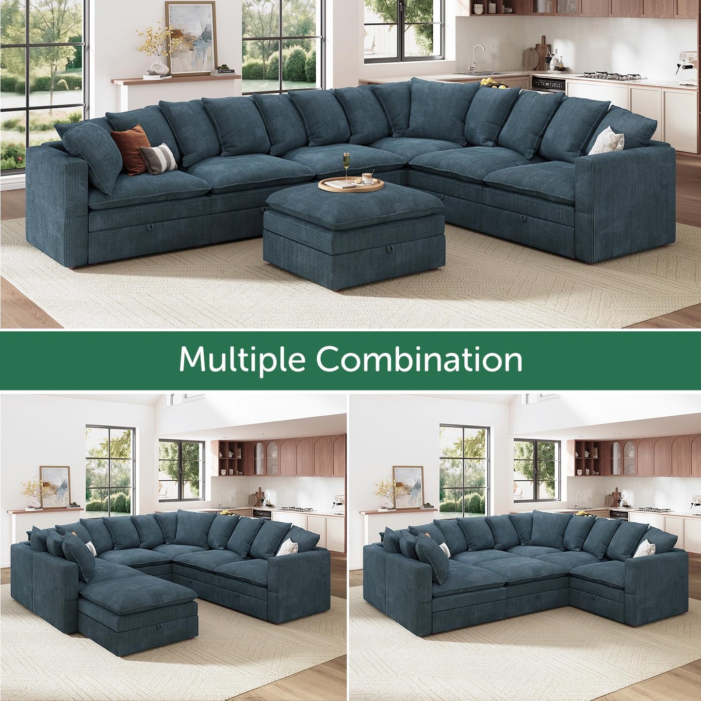 HONBAY Modular Sectional Sofa with Ottoman, 7 Seat U Shaped Couch with Storage & Pillows, 137 Inch Oversized Sectional Sofa for Living Room, Blue