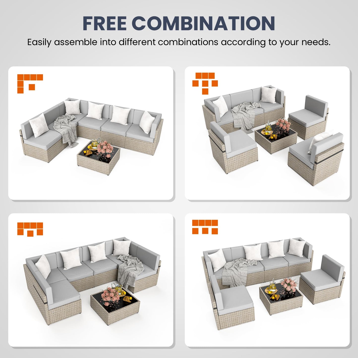 Pamapic 7-Piece Outdoor Sectional Furniture Set, All-Weather Wicker Patio Sofa with Washable Cushions, Gray Waterproof Rattan Conversation Set for Backyard, Poolside, Garden (Gray Cushions)