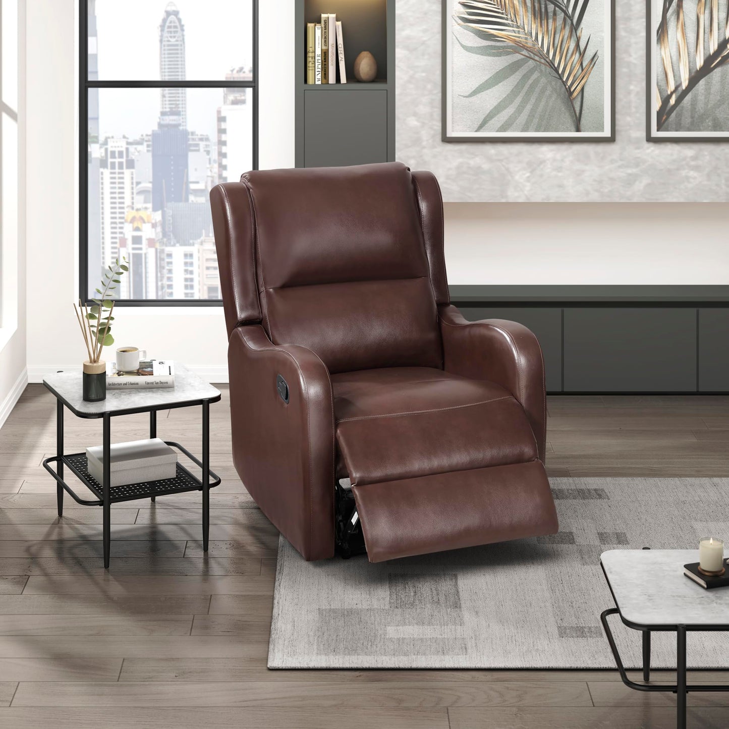 Lexicon Manual Recliner Chair, Reclining Sofa Chair, Home Theater Seating, Wall Hugger, Manual Recliner for Living Room/Office/Apartment, Easy Assembly, Brown Faux Leather