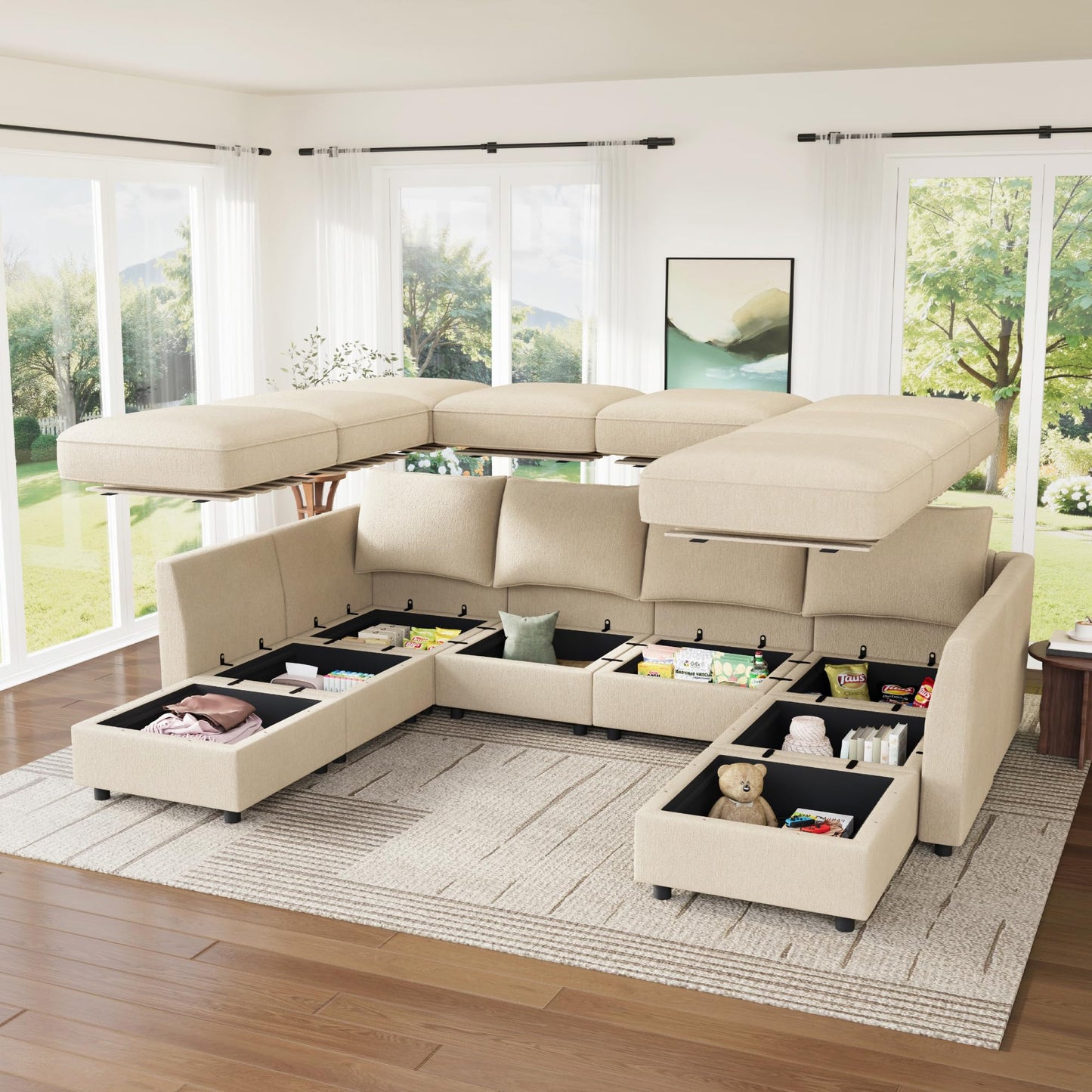 HONBAY Modular Sofa U Shaped Sectional Couch with Storage, Convertible Modular Sofa 7 Seats Sectional for Living Room - Beige