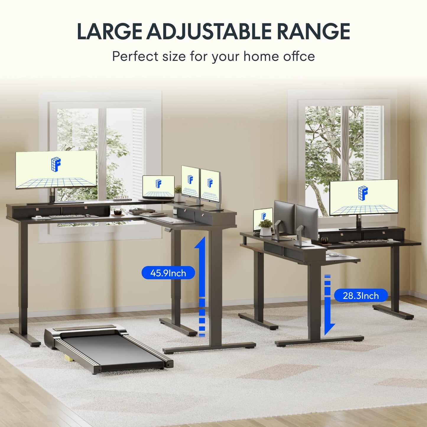 FLEXISPOT 63" L Shaped Standing Desk Electric Corner Table with Monitor Shelf, 4 Storage Drawers, Adjustable Computer Workstation for Home, Office, Game, Studio, Black Top + Black Frame