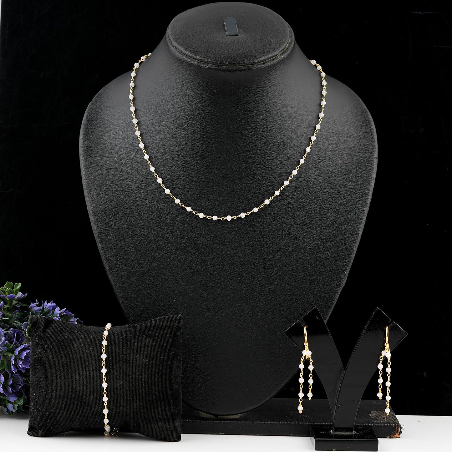 CRYSTALINES (3pcs) Natural Rose Quartz Gemstone Cluster Combo Set, 14K Gold Plated Jewelry, Quartz Crystals Rosary Chain, Handmade Bohemian Jewelry - Bracelets, Necklace, Earrings for Her
