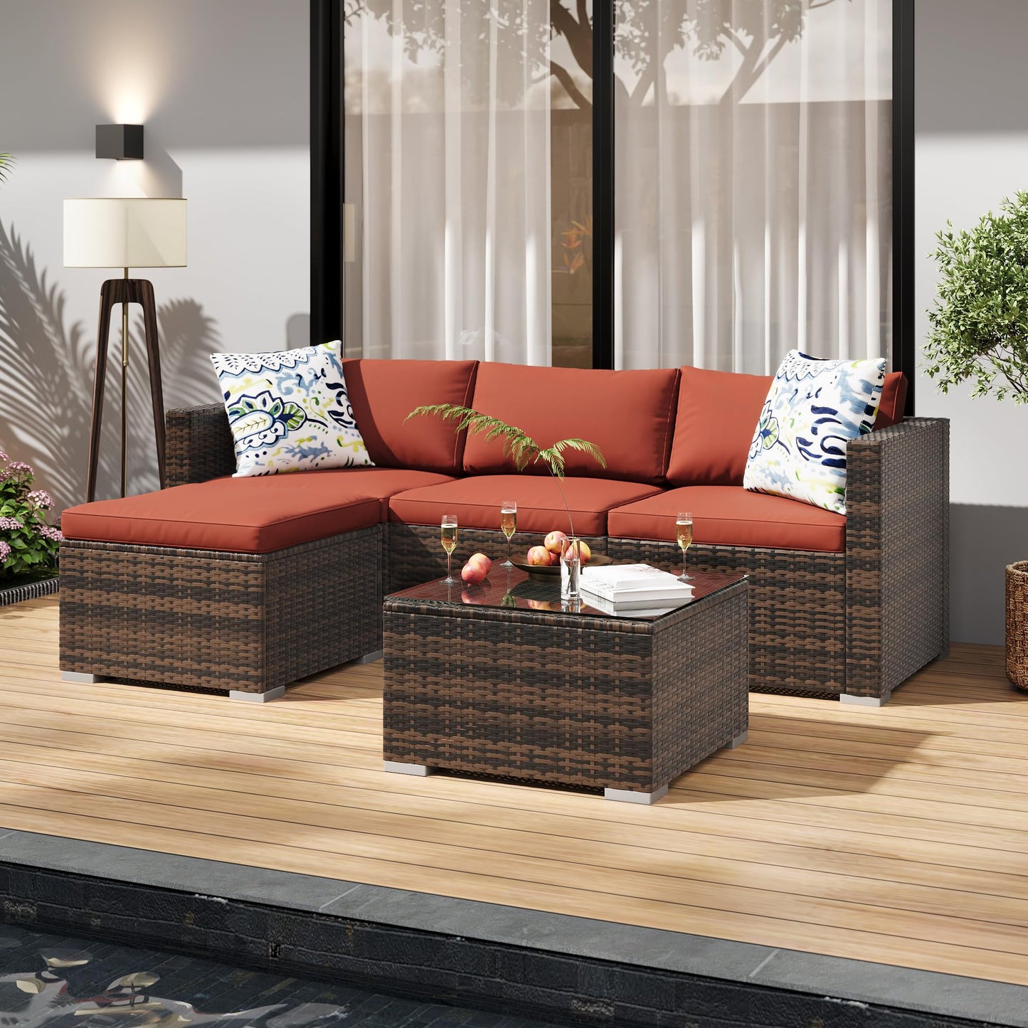 GAOMON 5-Piece All-Weather Patio Furniture Set, Convertible Outdoor Sectional Sofa with Ottoman & Tempered Glass Table, PE Rattan Conversation Set for Garden, Backyard, Porch, Poolside