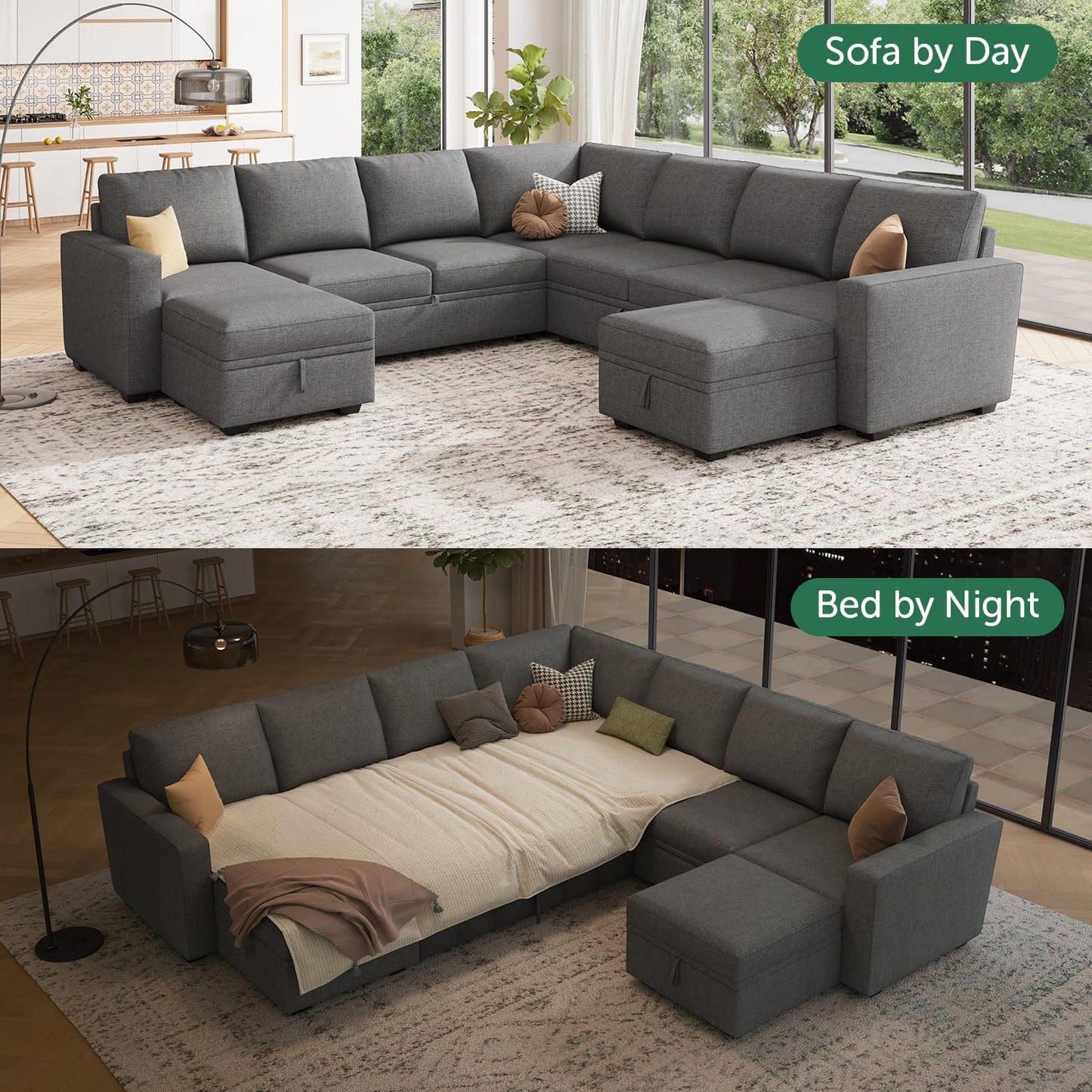 HONBAY Modular Sectional Sleeper Sofa with Pull Out Couch, Oversized U Shaped Sleeper Pull Out Bed with Storage Sectional Couches for Living Room - Dark Grey