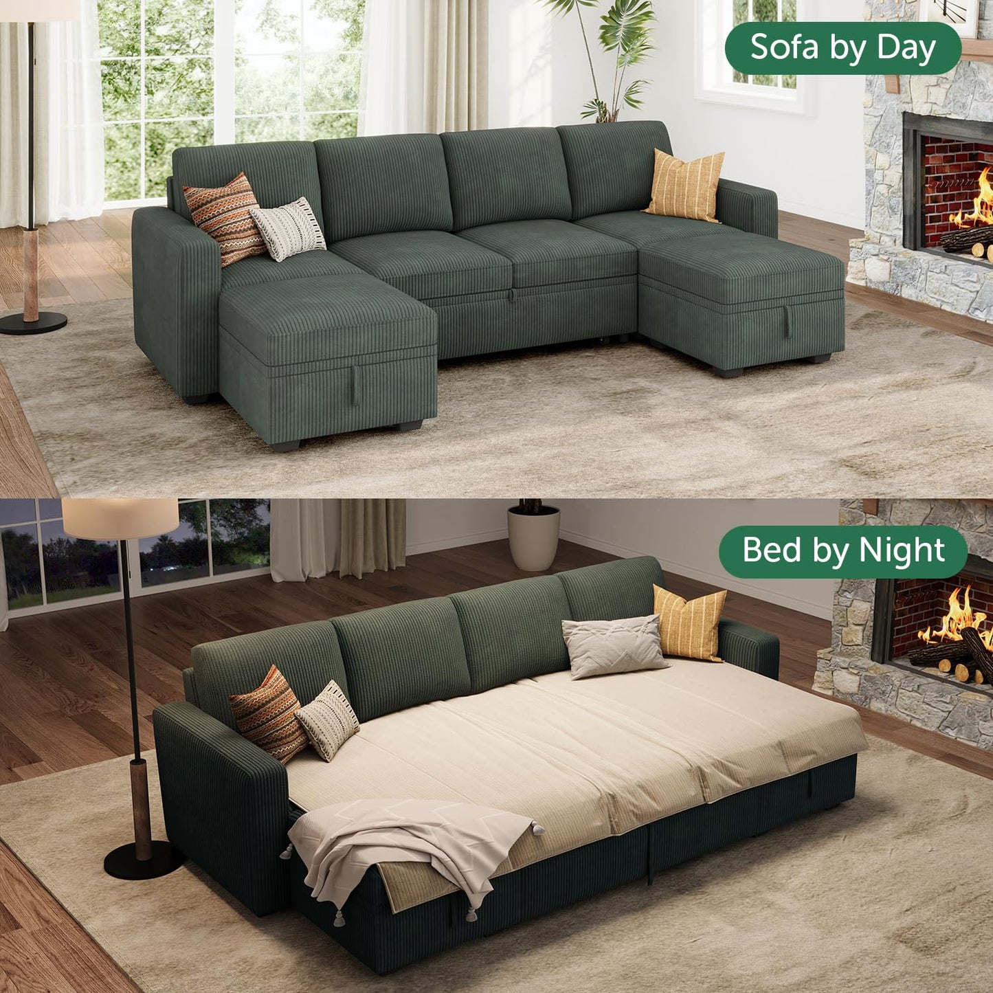 HONBAY Modular Sectional Sleeper Sofa Bed, Corduroy Pull Out Couch with Storage Ottoman, U Shaped Sectional Couches for Living Room, Green