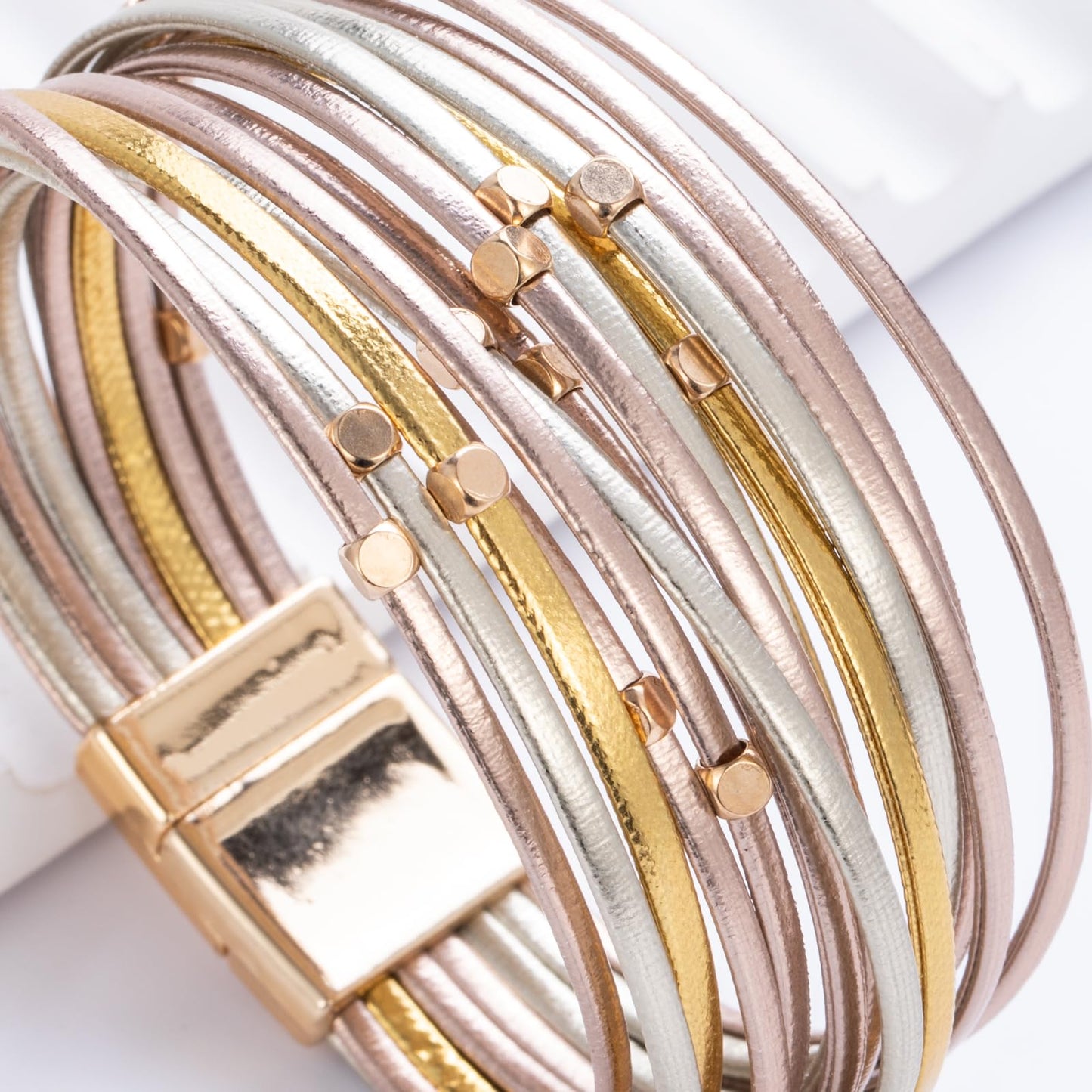 FANCY SHINY Beaded Leather Wrap Bracelets Cute Boho Stackable Bangle Cuff with Magnetic Clasp Layered Trendy Jewelry for Women(Mix Metallic)