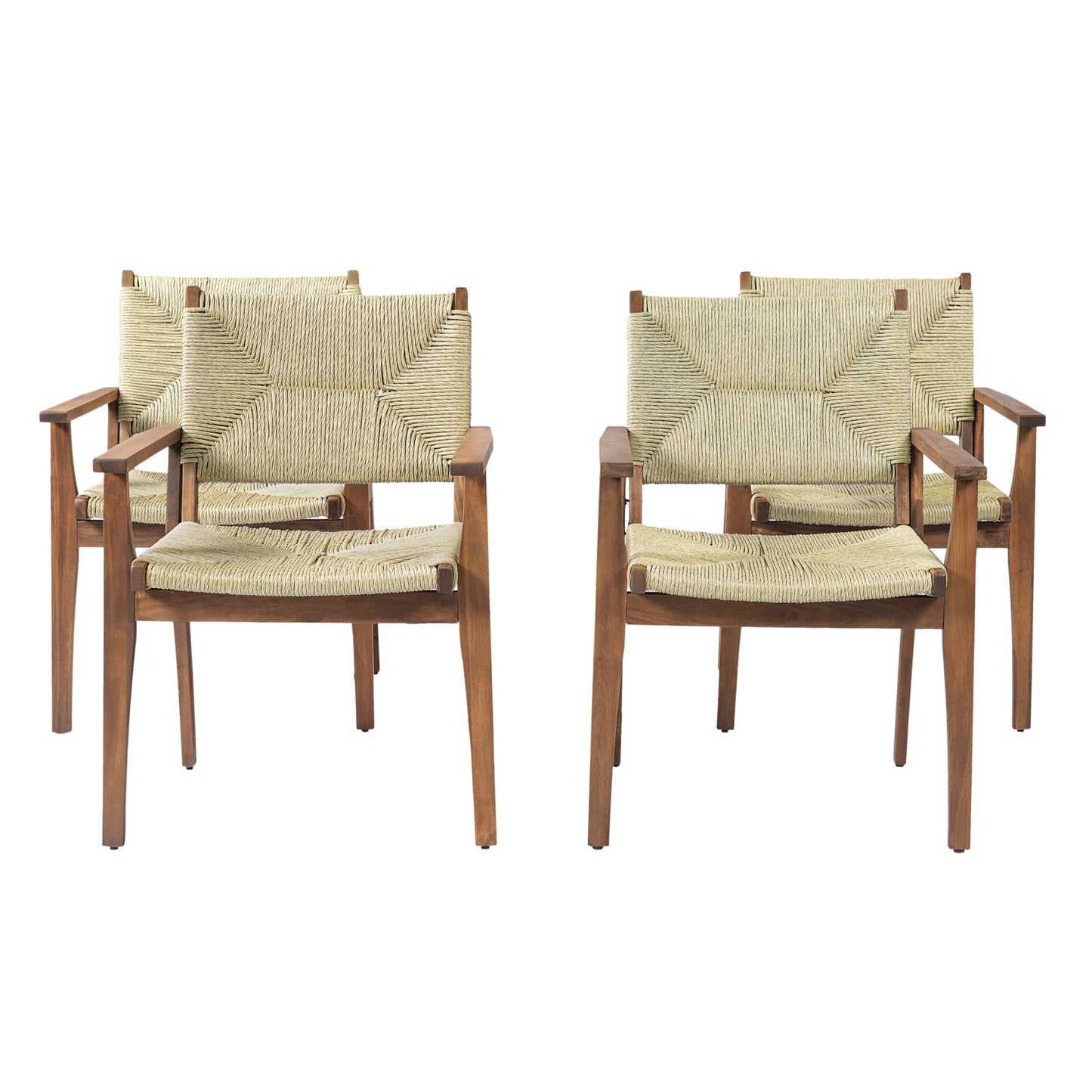 Merax 5-Piece Outdoor Dining Set, 47.24'' Round Acacia Wood Table & 4 Wicker Armchairs, Patio Furniture Set for Garden Balcony Deck, Teak Finish