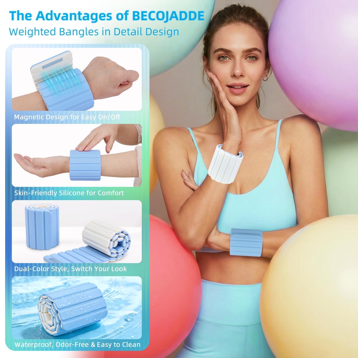 BECOJADDE Wrist Weights Ankle Weights for Women 1 Pair (2.2 lb Each) Silicone Magnetic Leg Arm Weighted Bracelet for Home Yoga Pilates Gym Workout Walking Jogging, Blue Cream