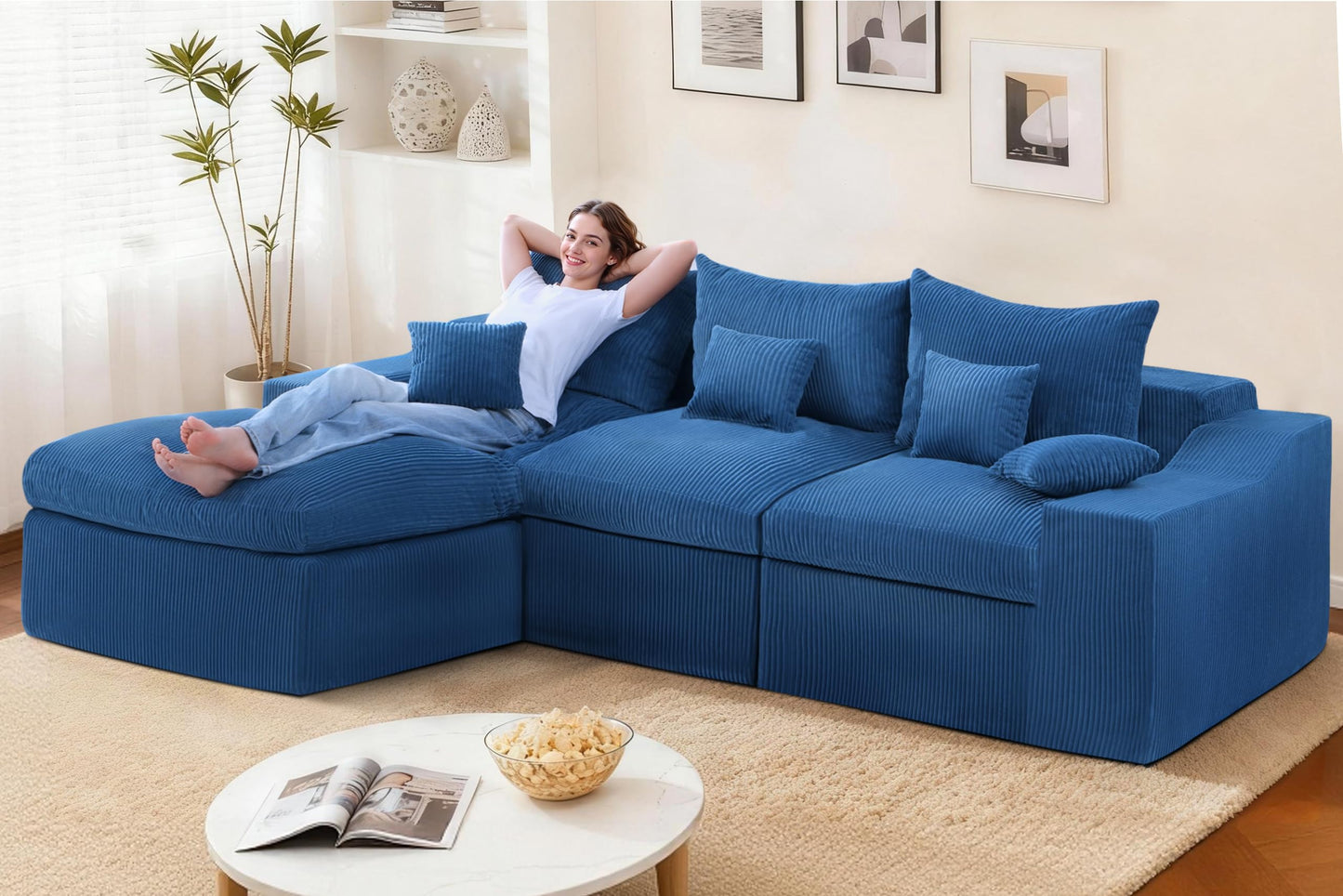 HABUTWAY 104" L Shaped Cloud Sectional Couch, Boneless Modular Sectional Sofa with Deep Seat, Corduroy Couches for Living Room, Modular Couch, No Assembly Required (Blue)
