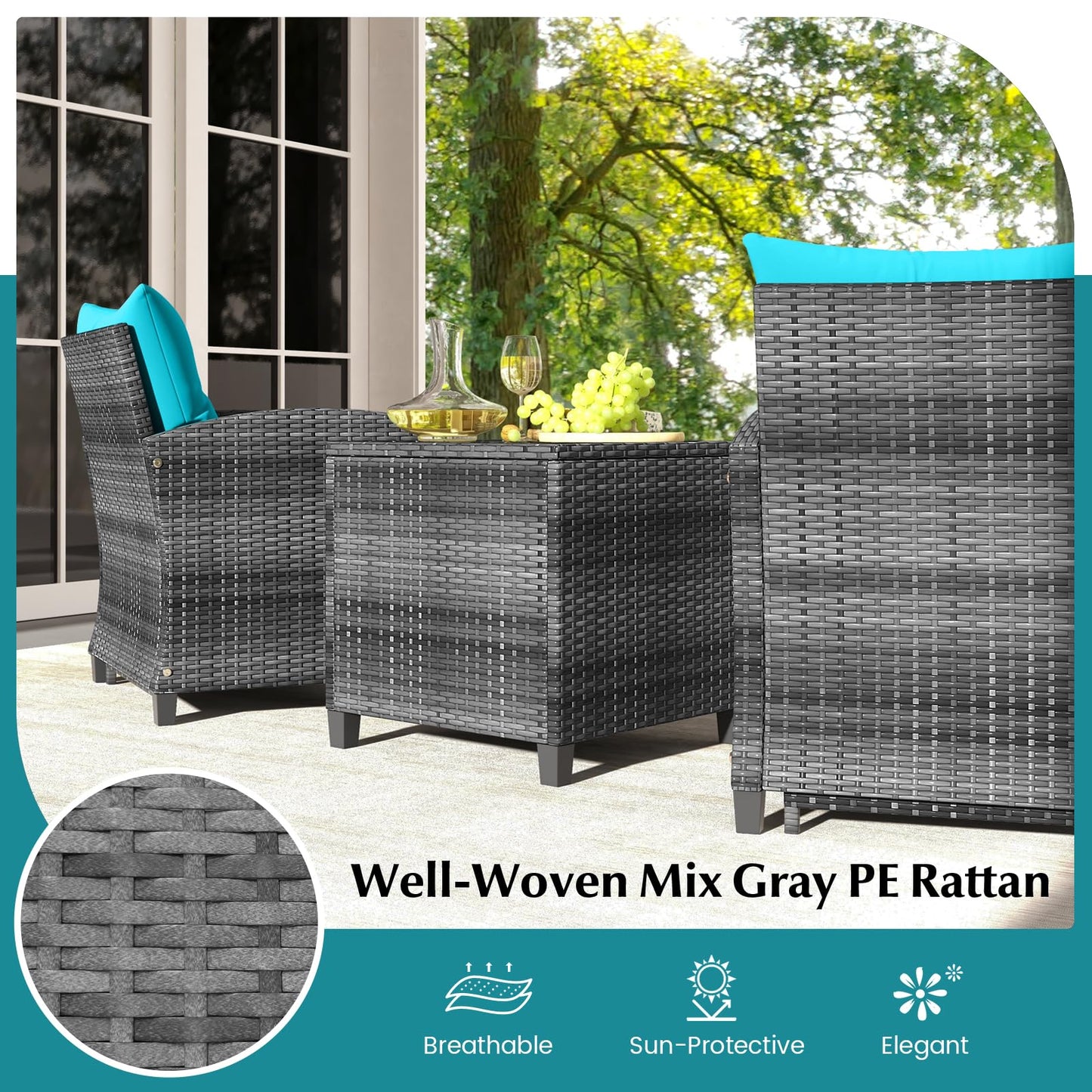 Tangkula 5 Pieces Patio Conversation Set, PE Wicker Rattan Outdoor Furniture Set with 2 Chairs, 2 Ottomans & Tempered Glass Coffee Table, Ideal for Poolside, Backyard, Lawn, Deck, Mix Grey & Turquoise