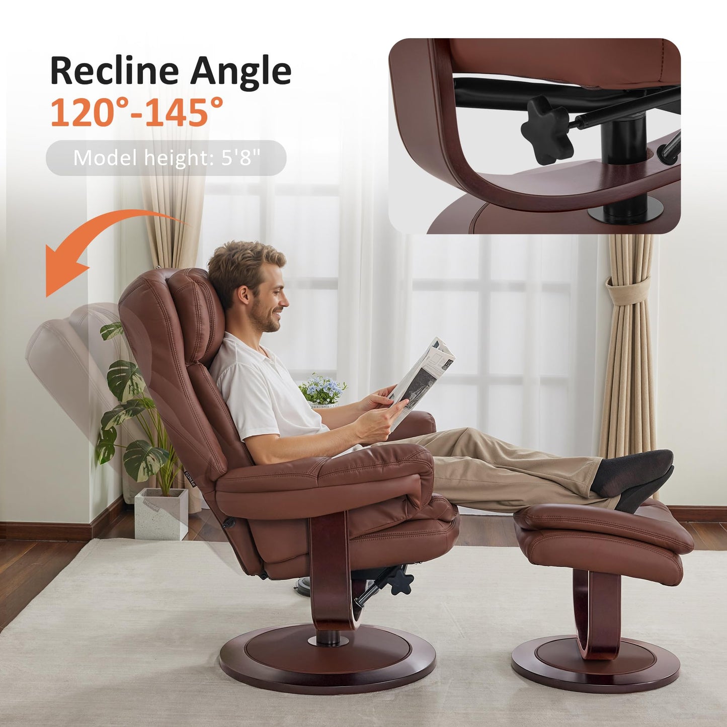 MCombo Oversized Swivel Recliner Chair with Ottoman, Adjustable Backrest, 360° Wood Base, High Seat, Faux Leather Lounge Chair for Tall Users in Living Room Office 4651 (Brown)