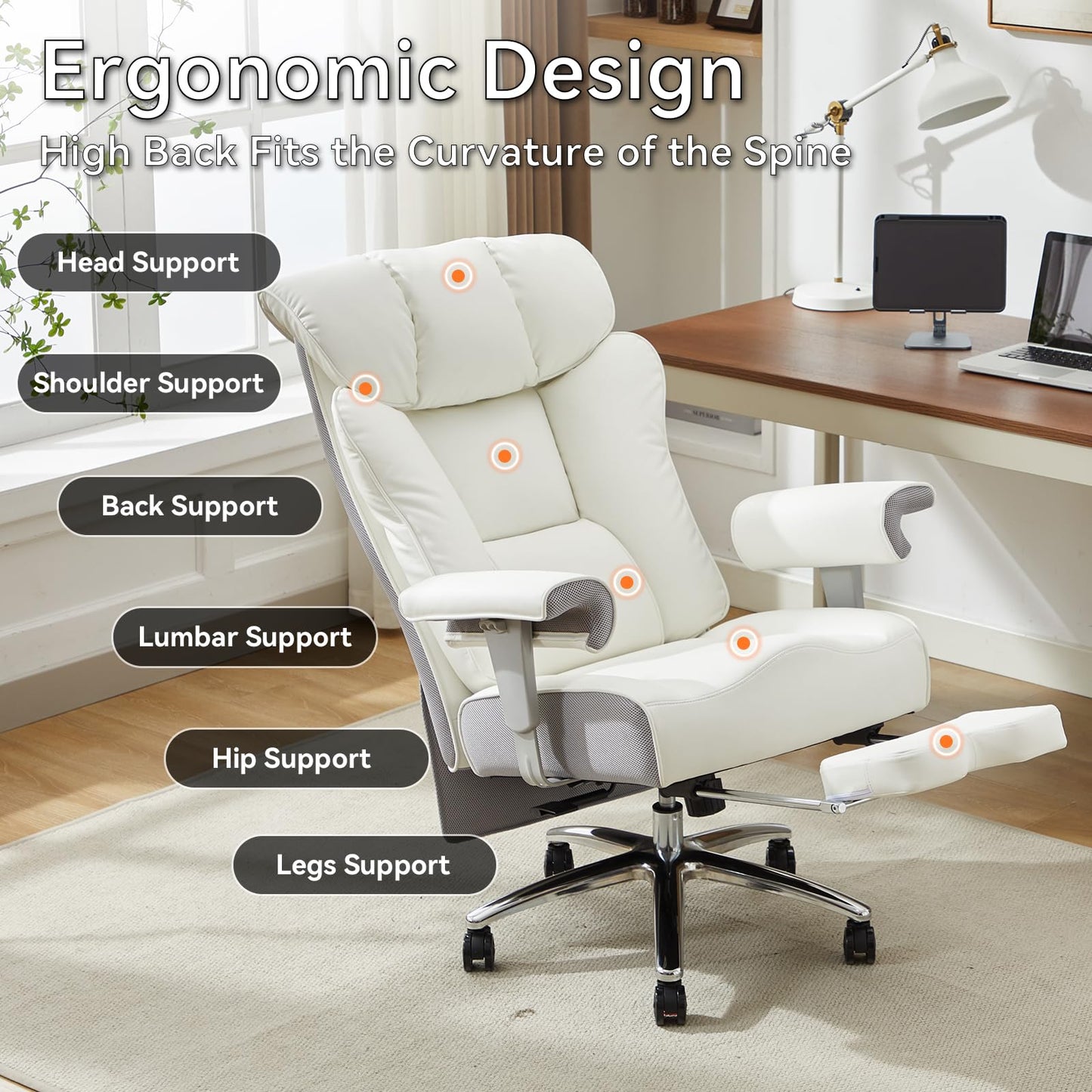 Efomao Big and Tall Office Chair with Footrest, 450lbs High Back Executive Chair with Spring Cushion, PU Leather Upholstery, Padded Armrests, Swivel Base, and Rolling Wheels – White Computer Chair
