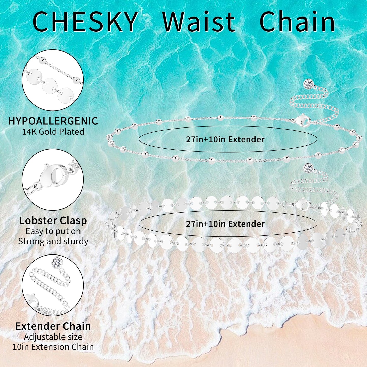 CHESKY Silver Waist Chain for Women Trendy, 2Pcs Layered Belly Chain Belt Adjustable Waterproof Beach Satellite Coin Chain Hypoallergenic Summer Body Chain Jewelry for Women Gifts
