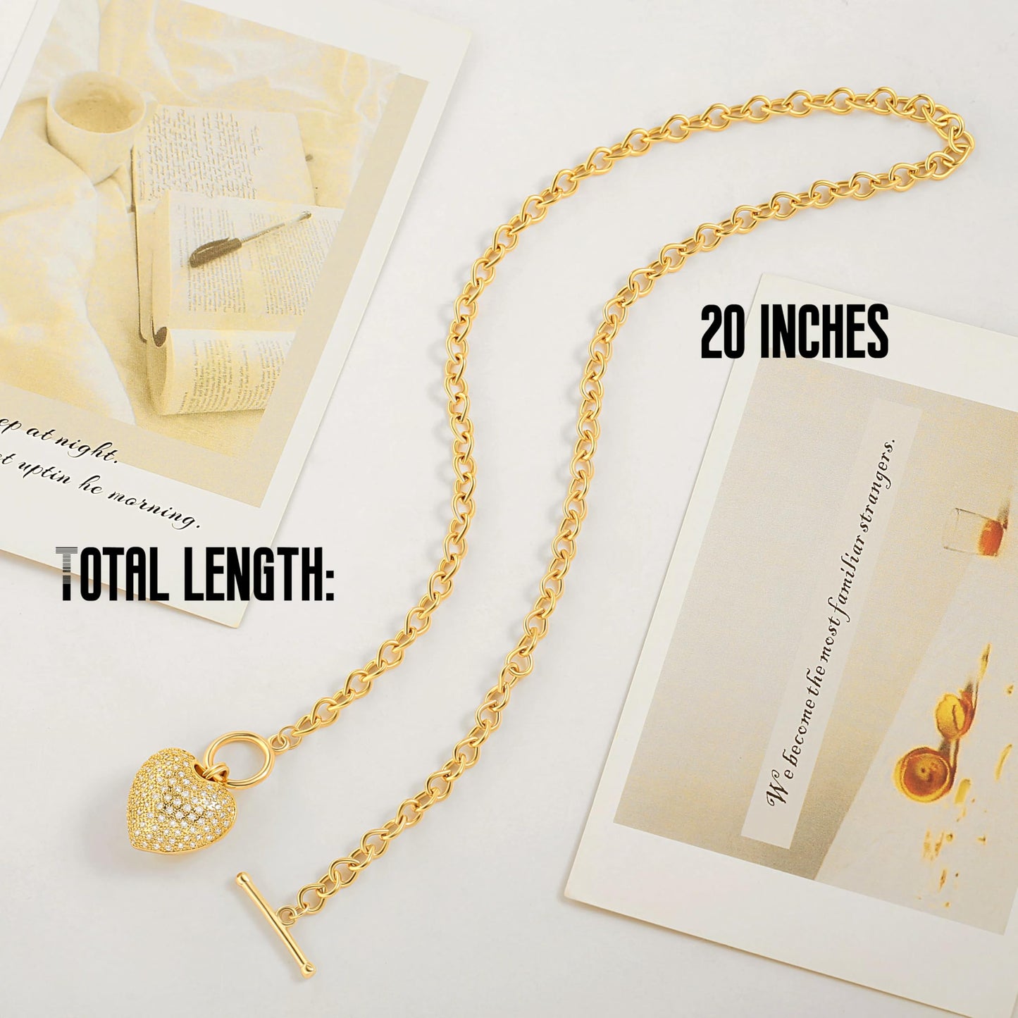 PEARLADA Statement CZ Heart Pendant Necklace, Trendy Toggle Necklace for Women, 18k Gold Plated Chunky Chain Link Necklace
