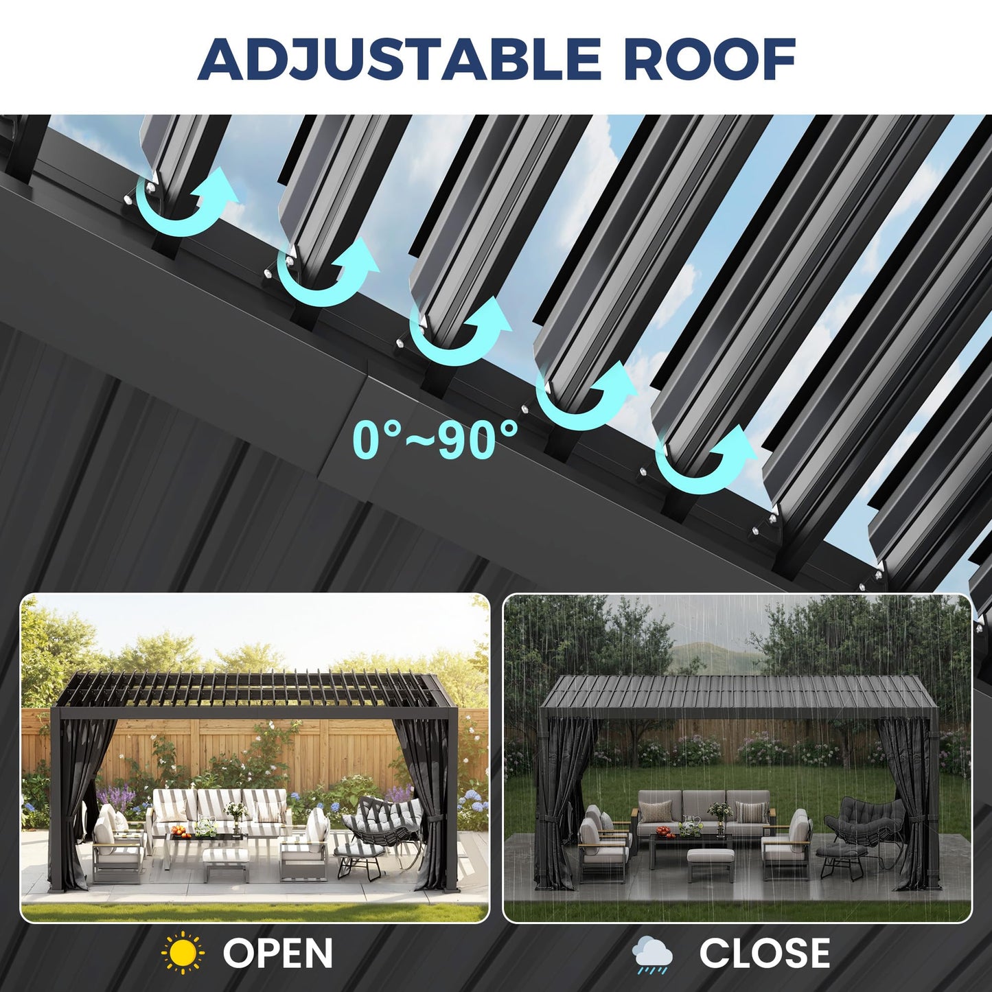 12' x 16' Louvered Pergola, Outdoor Pergola with Metal Adjustable Louvered Roof & Gutter System, Hardtop Patio Gazebo for Backyard, Patio, Garden, Dark Gray