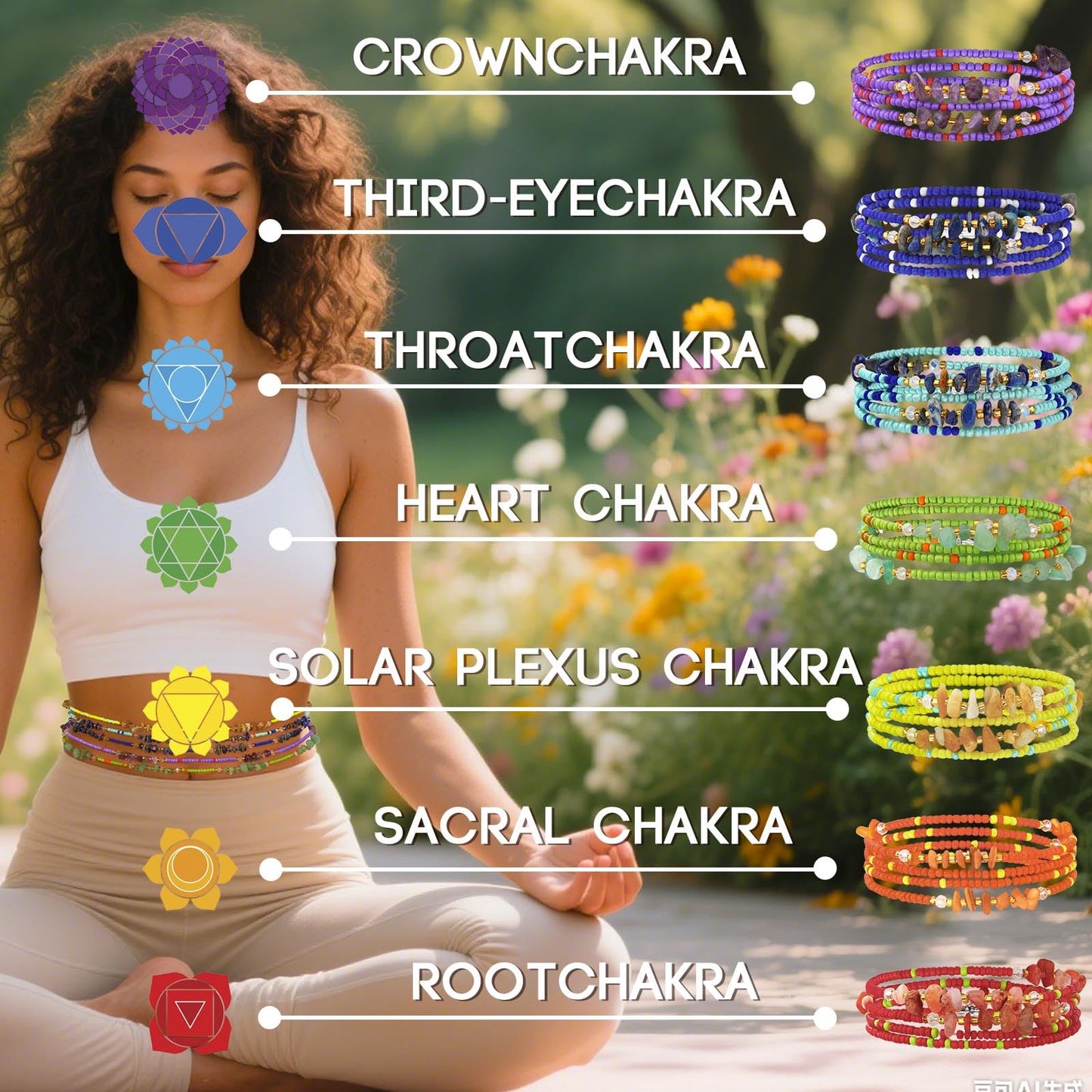 ELABEST Adjustable Handmade Waist Beads Stretchy 23-52 inch 8Pcs Chakra Yoga Body Belly Beaded Women Waist, Anklet, Bracelet, Necklace Jewelry with Screw clasp (Chakra, 31.5inch/80cm)