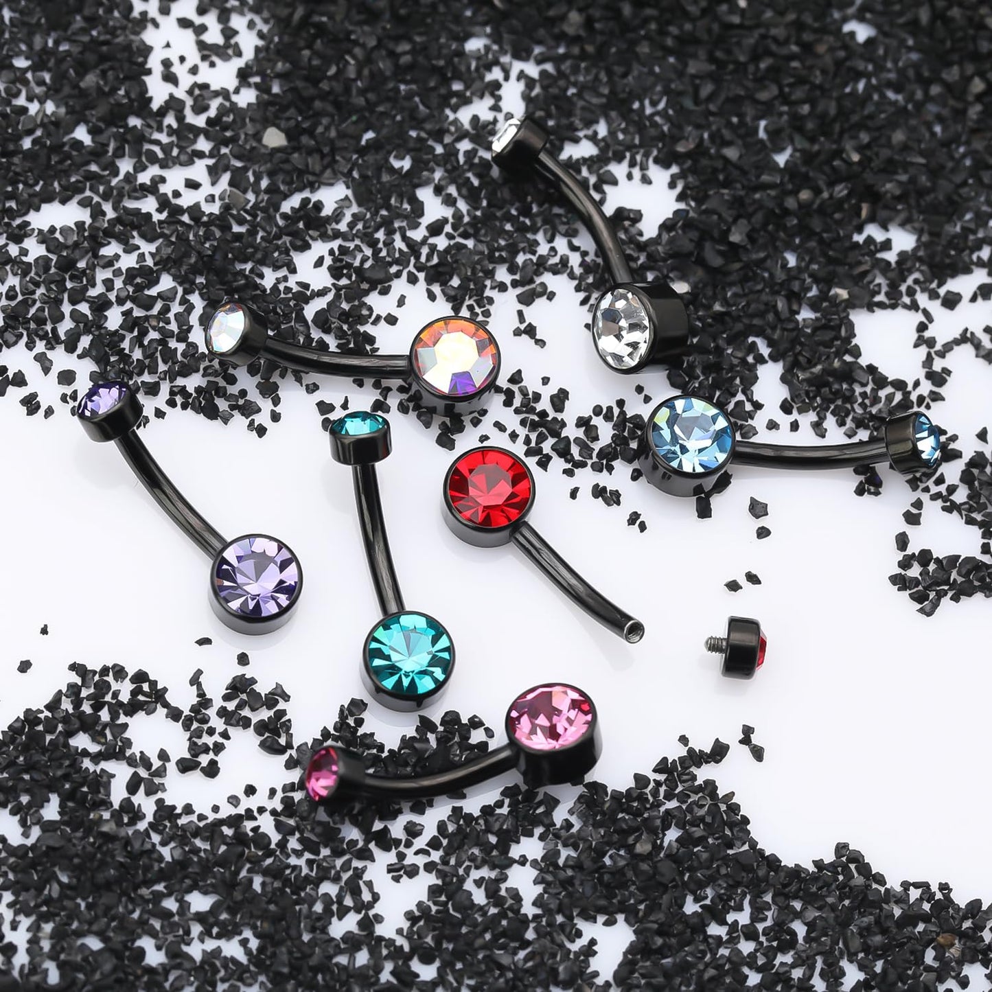 XUU Titanium Belly Button Rings, Black & Silver – 14G Internally Threaded Navel Piercing Jewelry, 10mm & 12mm Curved Barbells with 7 Colors Gems – Hypoallergenic (Black-Red cz, 10MM)