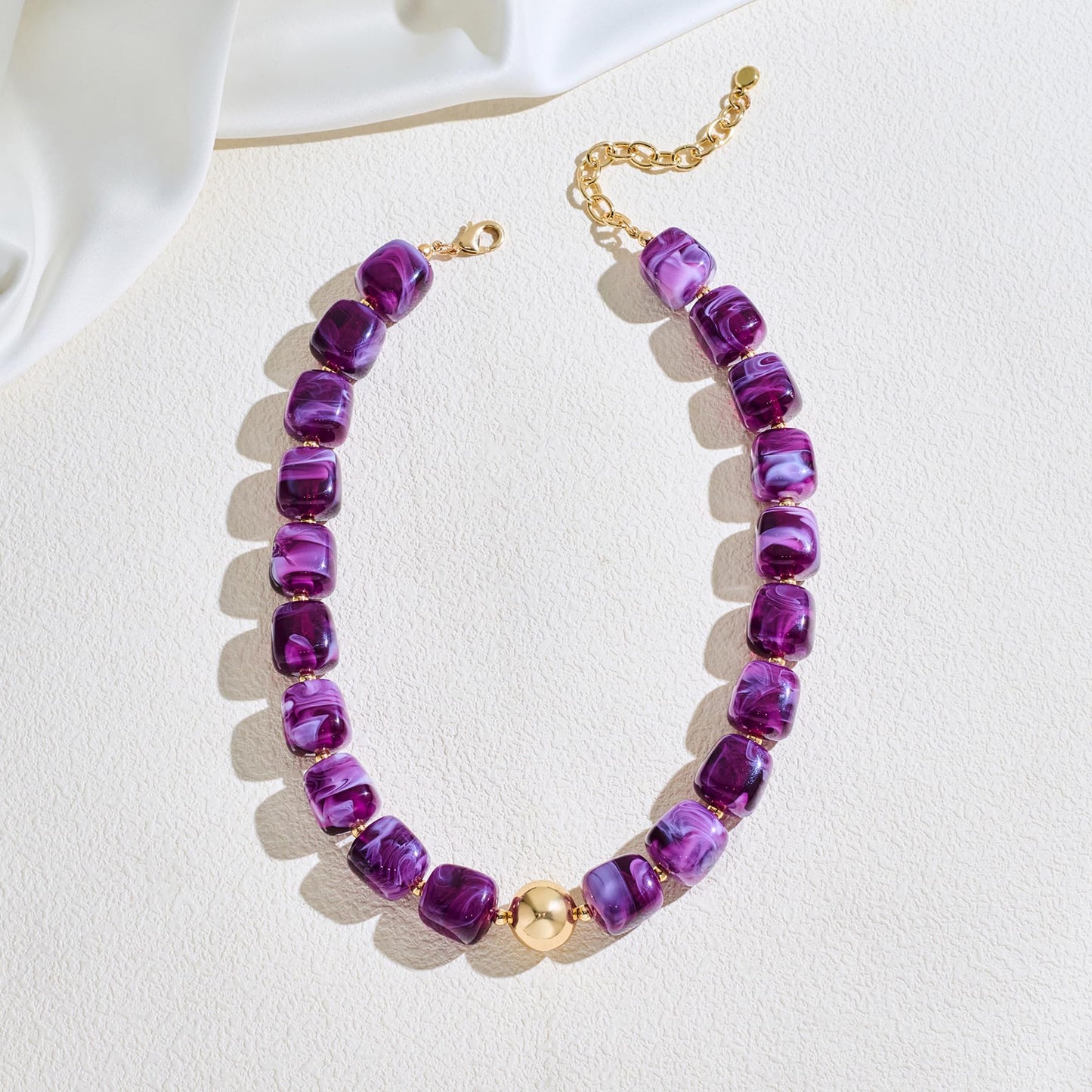 WOWORAMA Chunky Beaded Necklaces for Women Elegant Purple Square Resin Beads Necklace Trendy Chunky Choker Collar Necklaces Boho Statement Jewelry