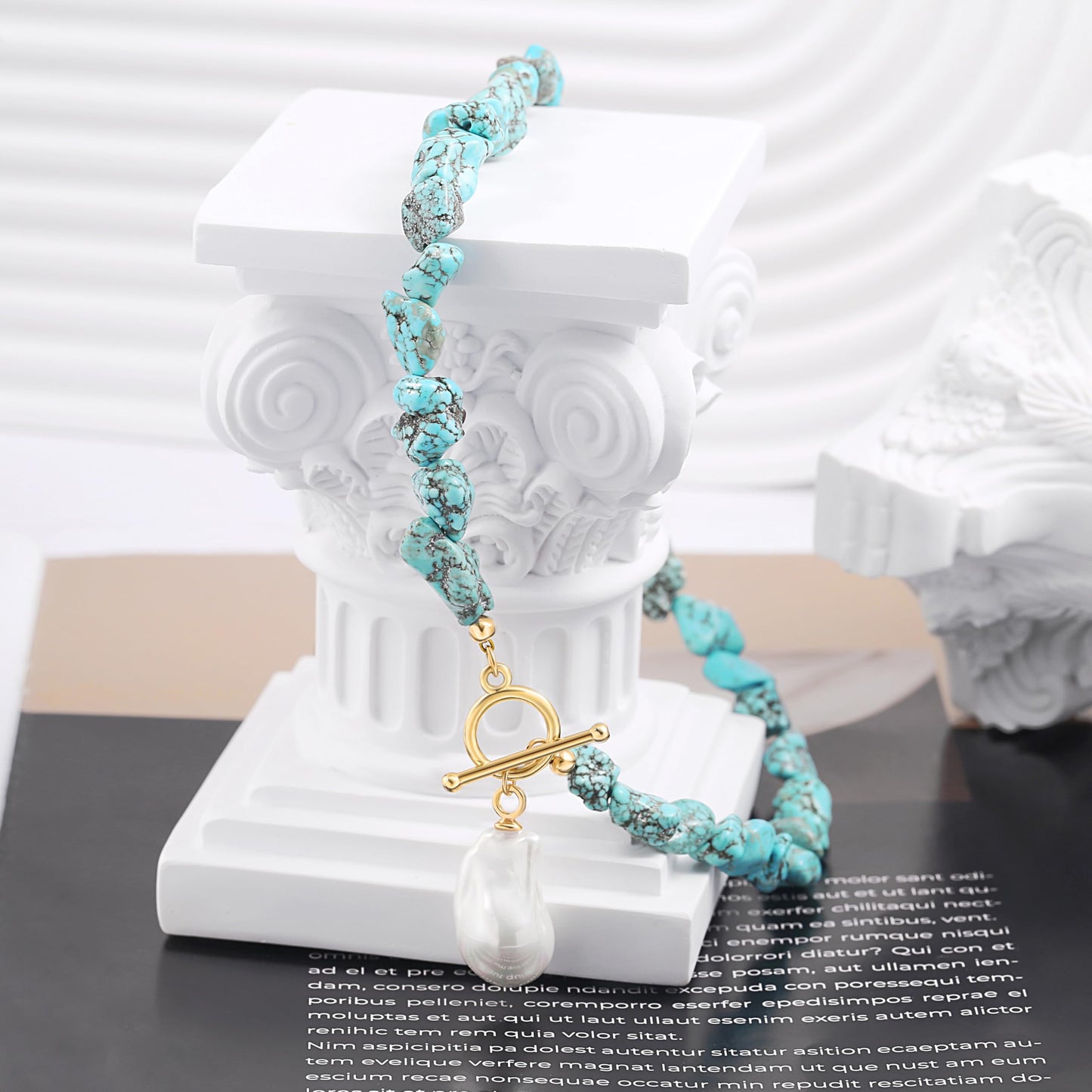 POTESSA Natural Turquoise Necklaces for Women Bohemian Beaded 18k Gold Toggle Baroque Pearl Pendant Necklace Summer Jewelry