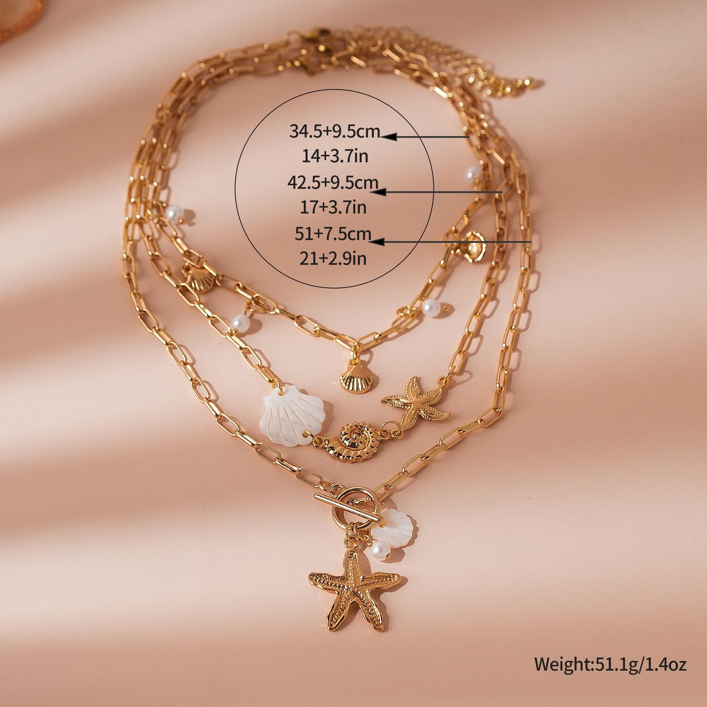 ANDKISS Shell Necklace Gold Layered Starfish Pendant Shell Choker Necklace for Women Pearl Beach Vacation Necklaces Summer Beach Jewelry