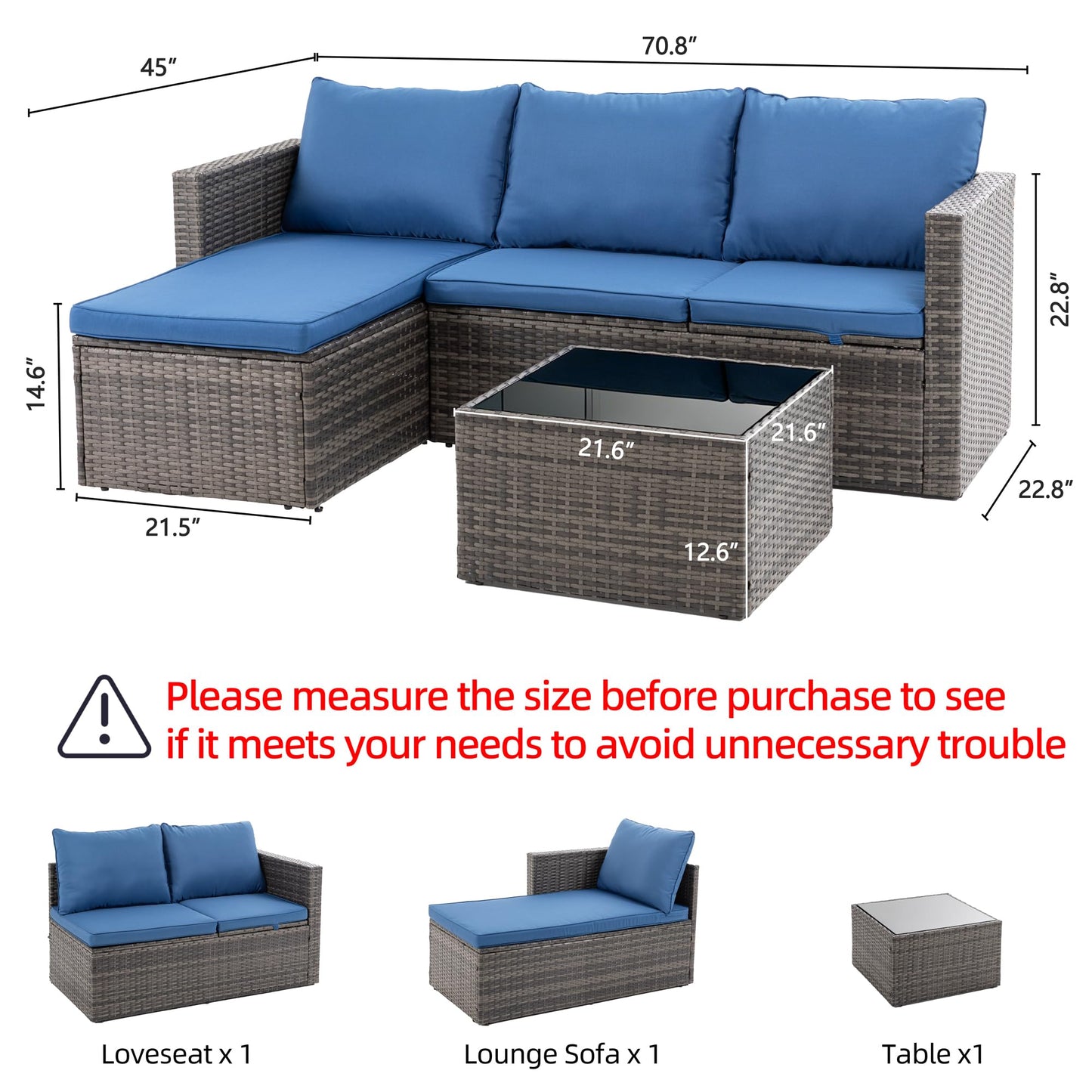 Shintenchi 4 Pieces Patio Furniture Sets, Outdoor Sofa Patio Sectional Sets All Weather, 2-in-1 Wicker Rattan Seating Sofa Couch with Cushions & Coffee Table for Yard, Garden, Porch, Poolside (Blue)