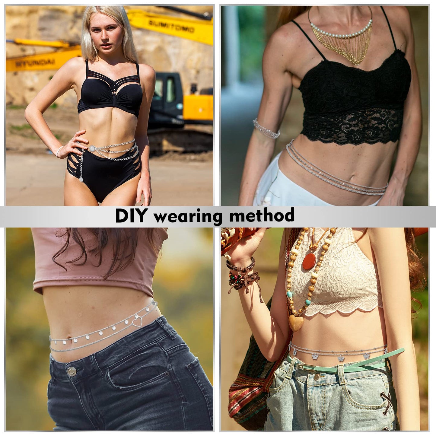 Lenwen 10 Pcs Summer Beach Belly Chain Adjustable Waist Multi Layered Chain Waist Jewelry for Women Girls Multilayer Body(Stylish Style,Silver)