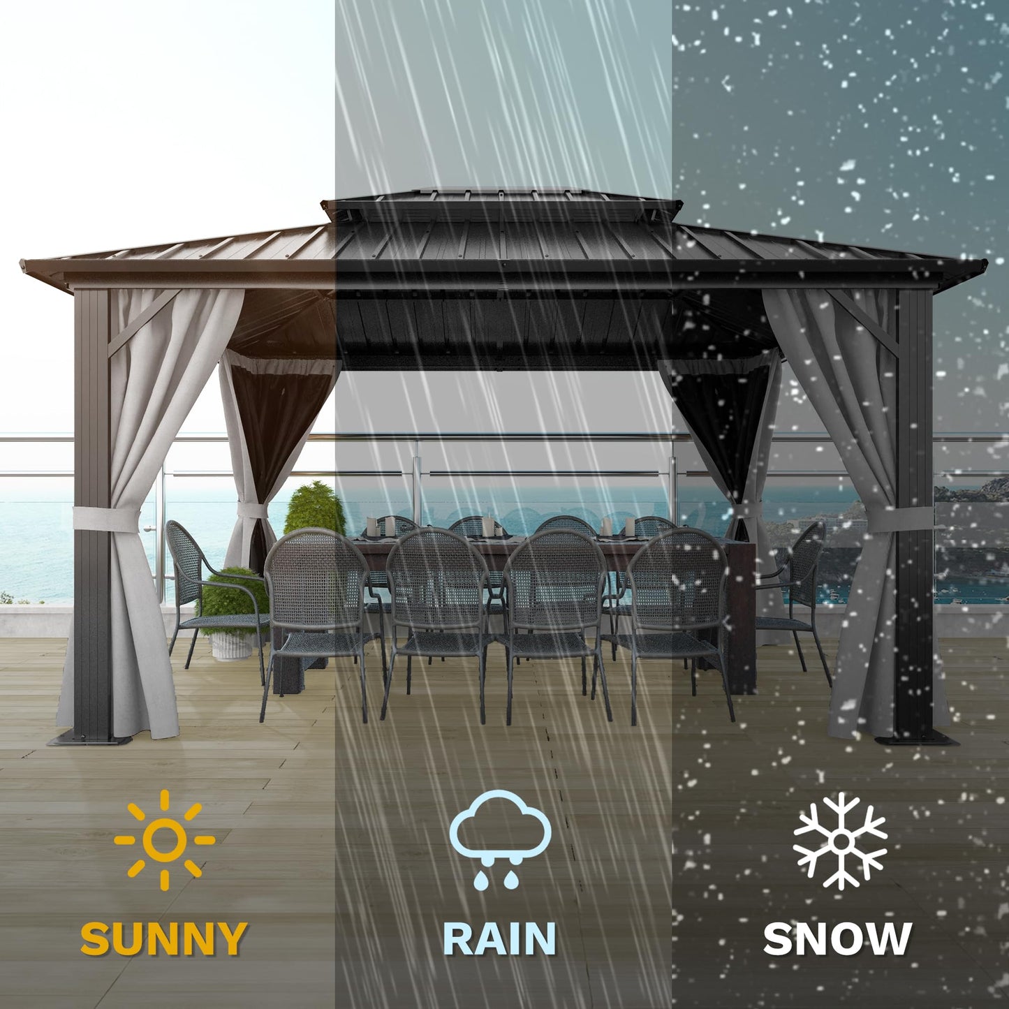 DWVO 10x12ft Hardtop Gazebo Double Roof with Nettings and Curtains, Heavy Duty Galvanized Steel Outdoor Vertical Stripes Roof for Patio, Backyard, Deck, Lawns, Grey