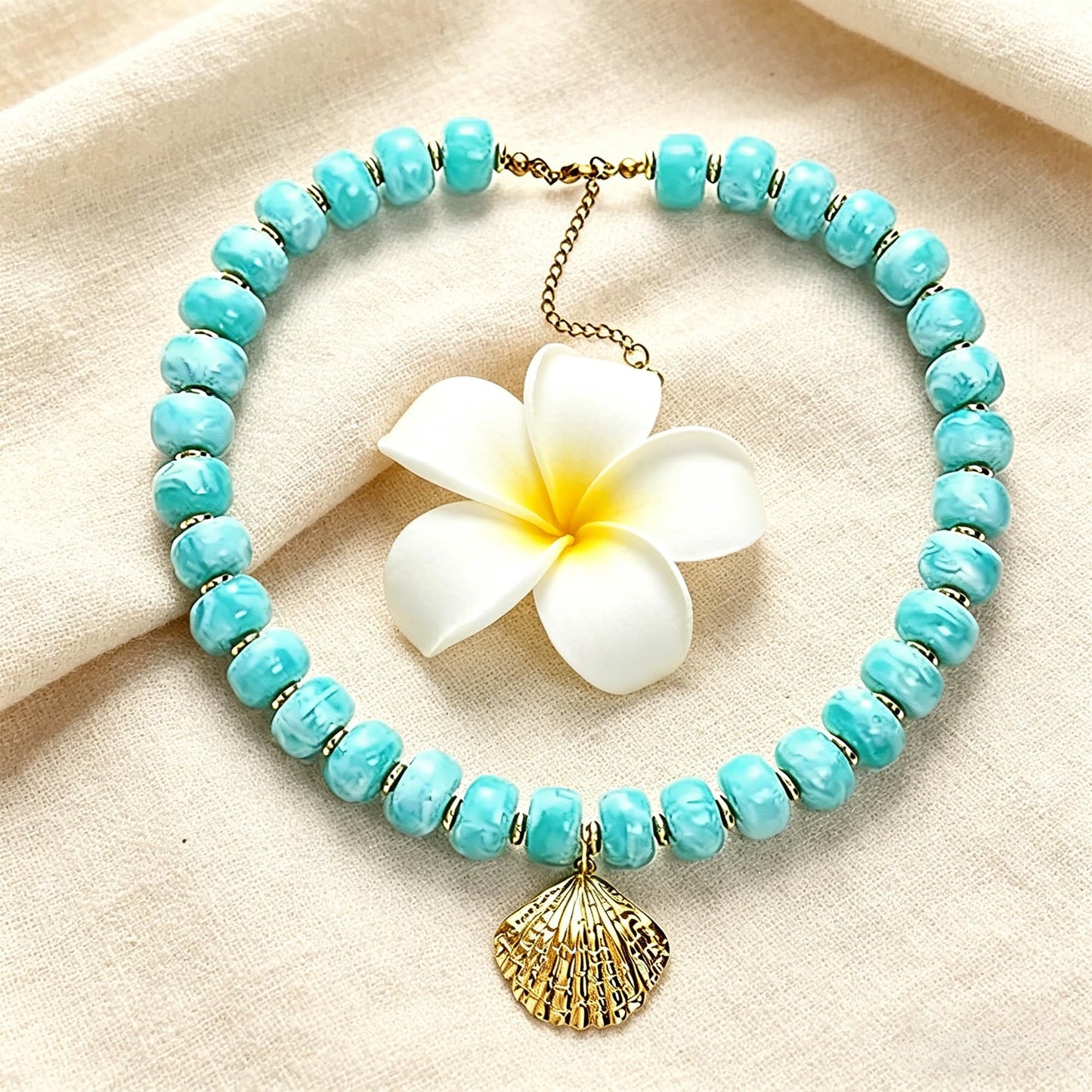 ZXYMHL Chunky Beaded Starfish Shell Necklace Colorful Boho Beach Chain Choker for Women Summer Trendy Vacation Jewelry Gift (Blue Shell)