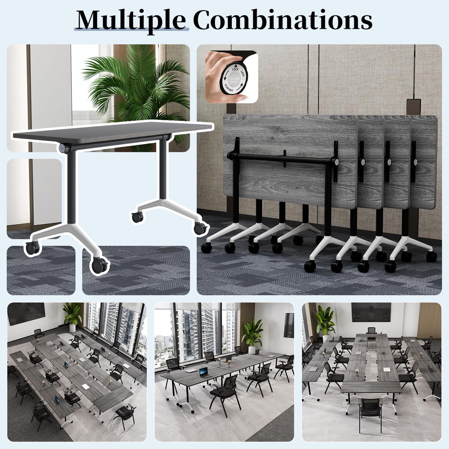 Modular Folding Conference Table with Wheels,8 Pack Mobile Conference Room Tables,Filp Top Rolling Meeting Training Tables for Office,Classroom,Library,Seminar,Boardroom,school(8pack,Grey,71in)