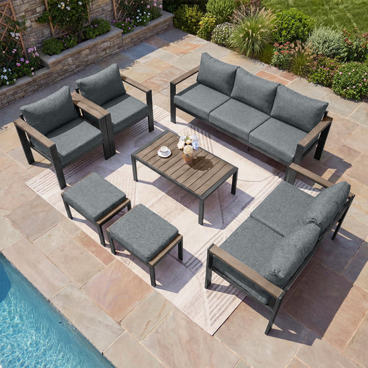 SAILARY Outdoor Patio Furniture Set 7 Pieces Luxury Aluminum Patio Conversation Set with Coffee Table and 2 Ottoman 9 Seats, Thick Cushions, Large Sectional Sofa for Porch, Balcony, Deck, Yard, Gray