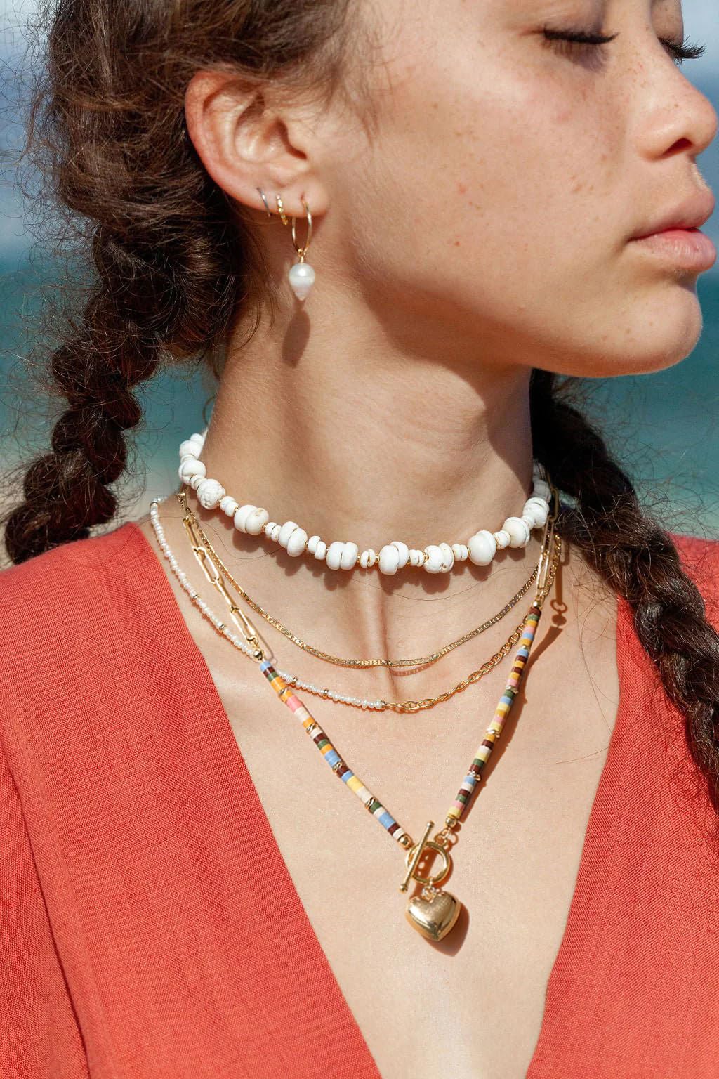 PEARLADA Dainty Gold Plated Heart Pendant Necklace, Colorful Beads Mix Paperclip Chain Necklace, Statement Trendy y2k Jewelry