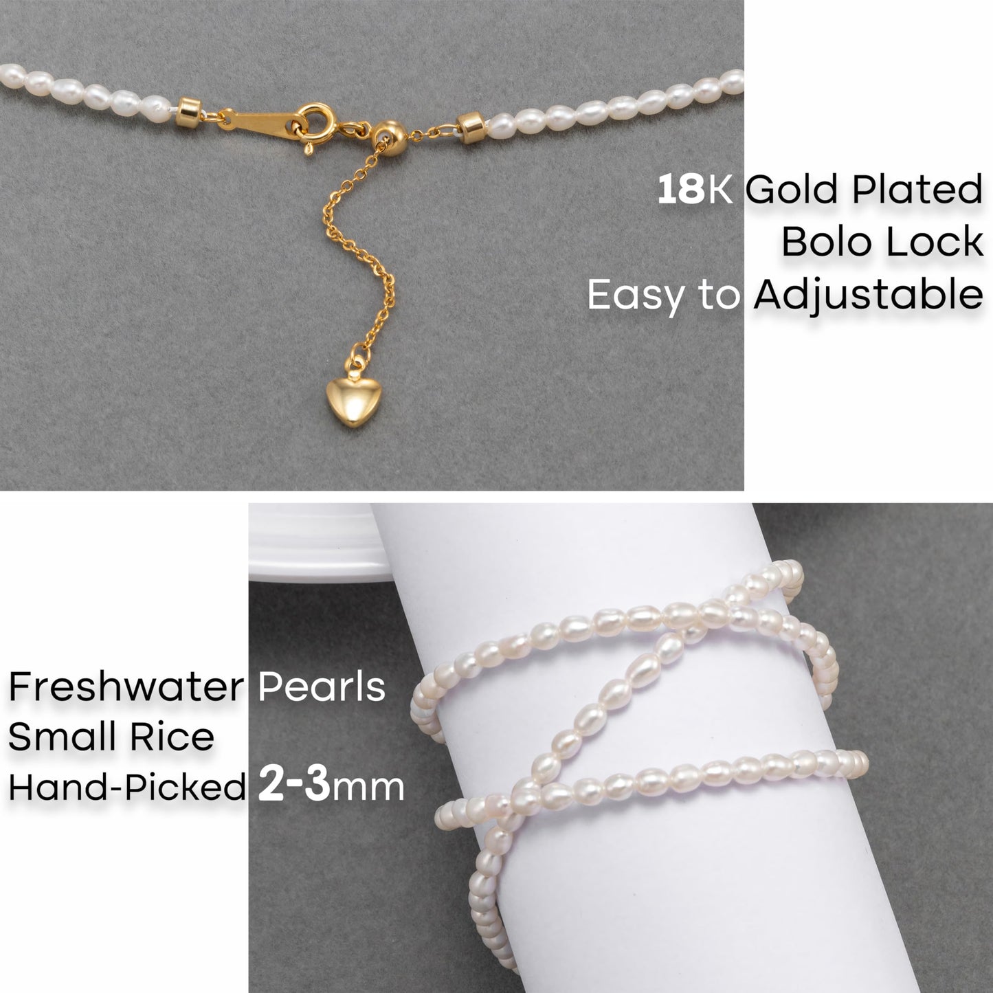 Pearls Necklace, Freshwater Tiny Small Rice Pearls Necklace for Women's Pearl Strand Necklace Chain 18K Gold Plated Hypoallergenic White Necklace as Prom Bridesmaid Birthday Gifts(Rice, 18KGP Lock)