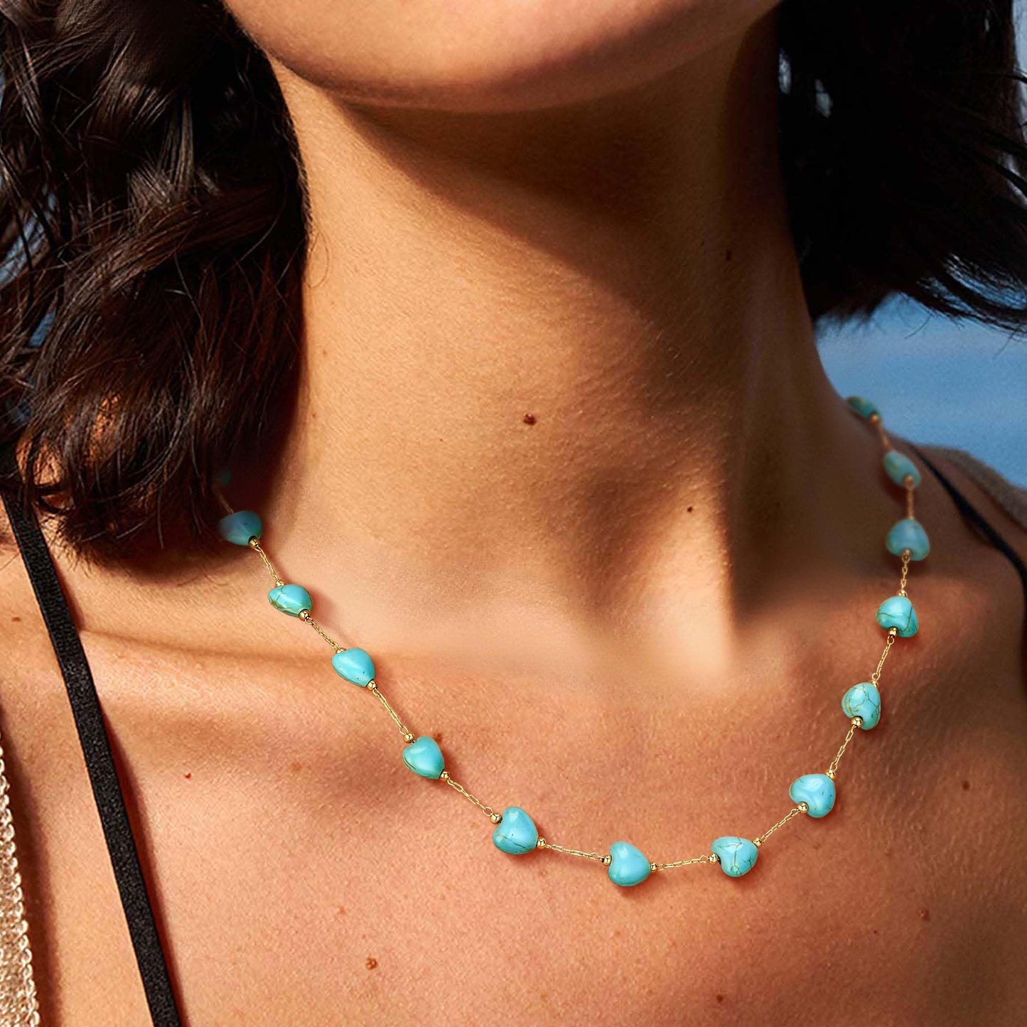 LOLAR RAY Turquoise Jewelry for Women - 14K Gold Plated Heart Boho Necklaces for Women Summer Beach Boho Choker Bead Gift