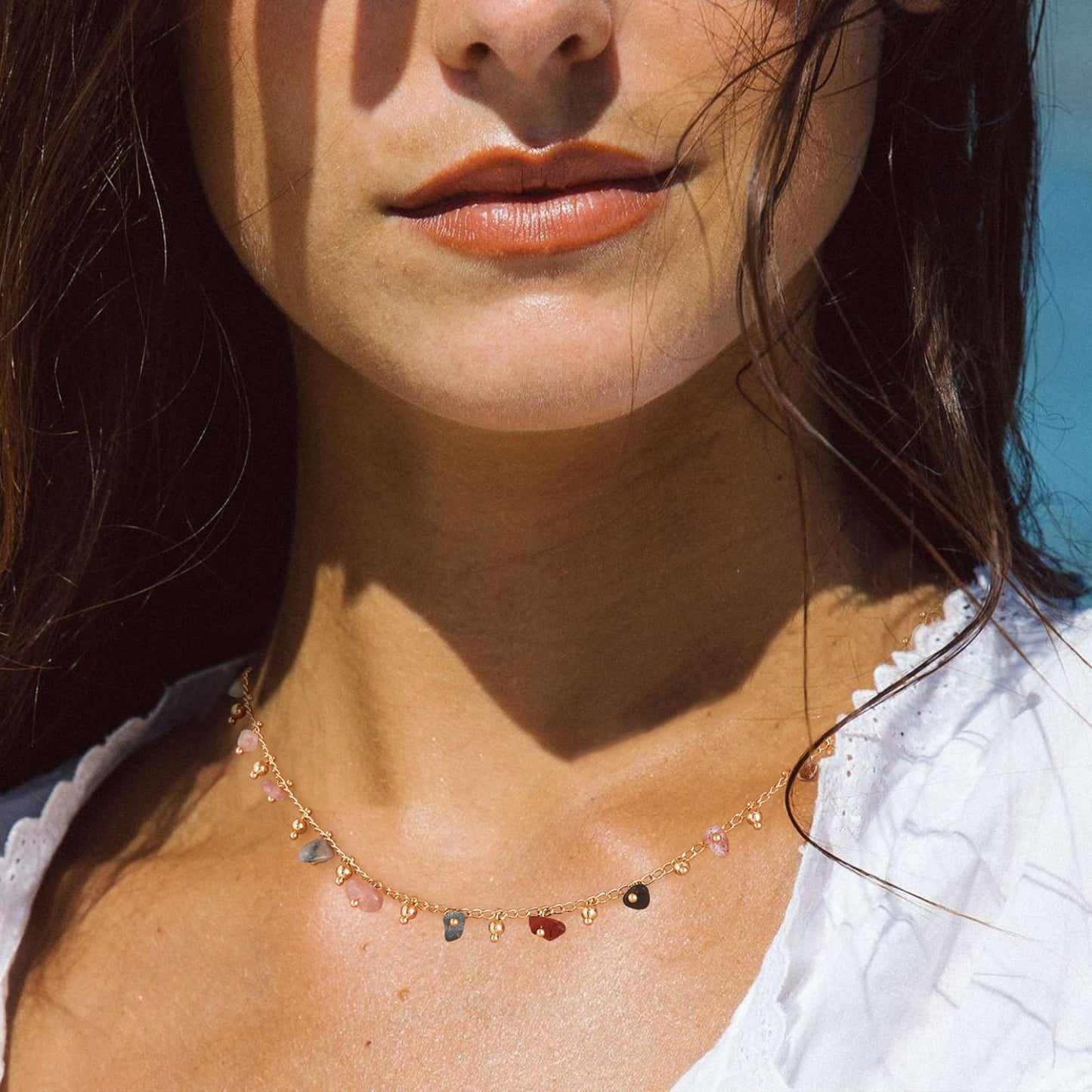 MTMY Beaded Necklaces for Women 14K Gold Plated Dainty Colorful Green/Rose Beaded Pearl Choker Necklace Delicate Boho Choker Necklace Jewelry Gift (mixed color stone)