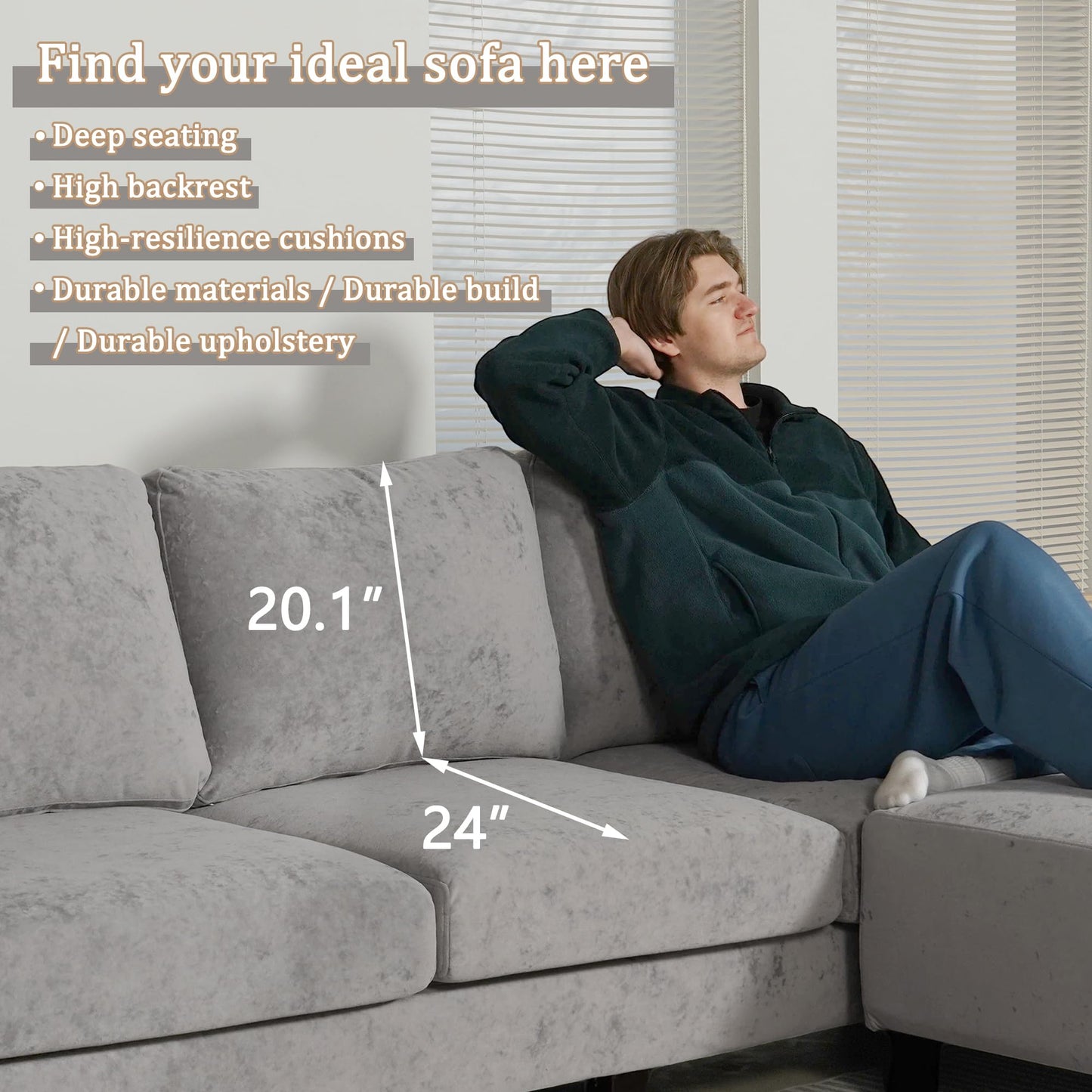 EASE MOOSE Large Seat Velvet L-Shaped Sofa, Soft 4 Seat Couch with Reversible Chaise, Comfy Sectional Modular Sofa with Removable Washable Covers for Living Room and Small Space, Grey