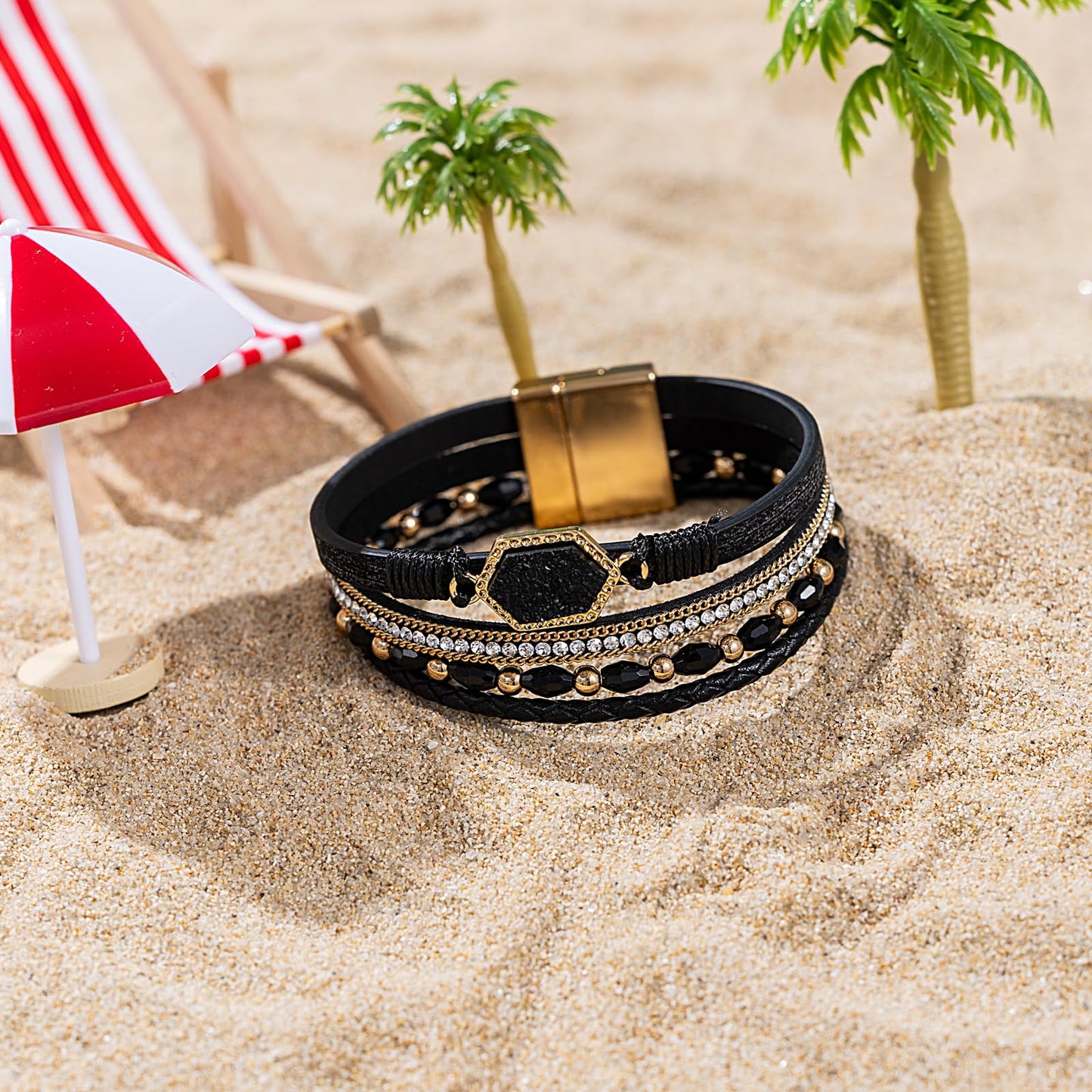 FANCY SHINY Crystal Beaded Leather Wrap Bracelet Stackable Boho Jewelry for Women Trendy Braided Resin Stone Bangle Cuff with Magnetic Clasp(Black)