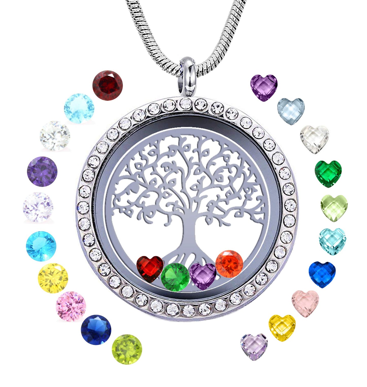GOKING Family Tree of Life Floating Locket, Grandmother Necklace with Birthstones, Gifts for Mom Grandma Nana Aunt Gigi Mimi, Charms Living Memory Pendant,