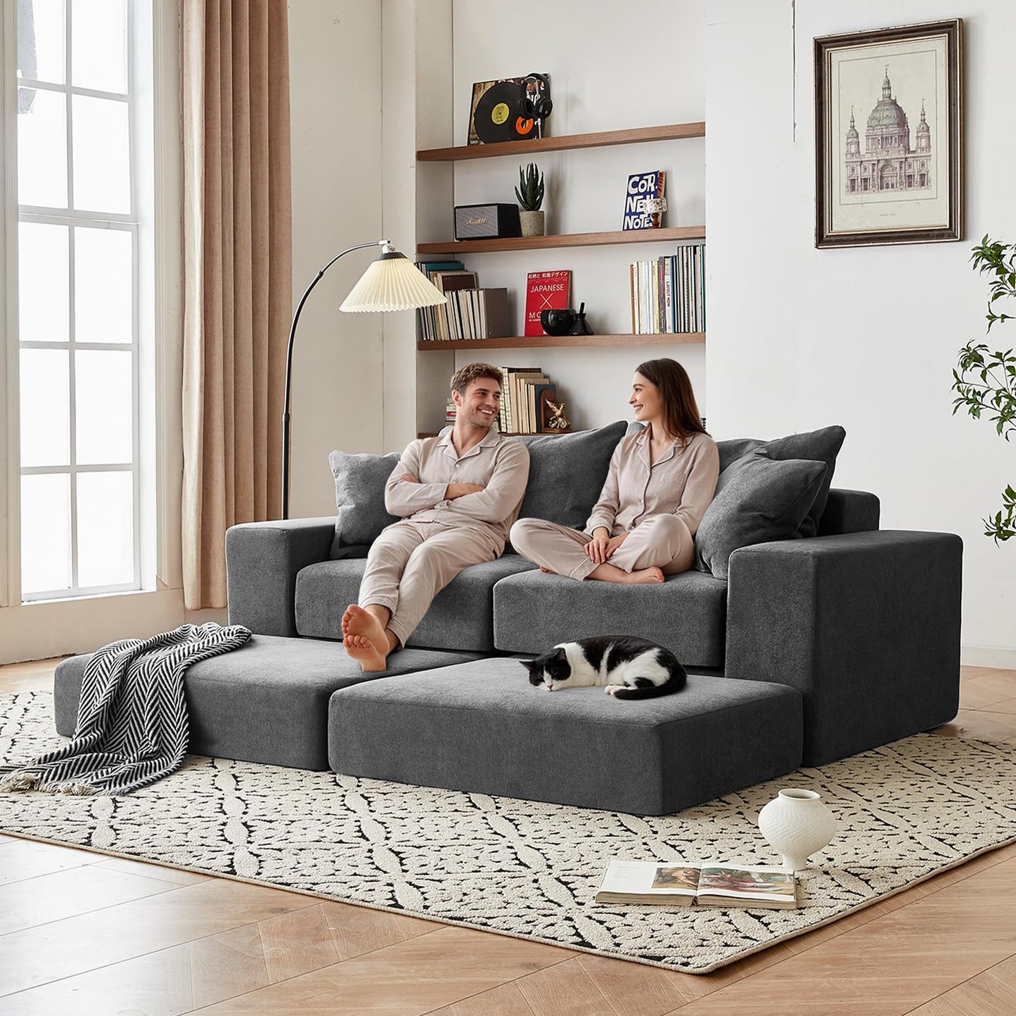 Modular Sectional Loveaeat Cloud Sofa, Boneless Couch with Non Slip Base, Cozy Sleeper Sofa for Customizable Living Spaces, Modern Modular Couch with L-Shape Chaise, Deep Seat & No Assembly, Grey