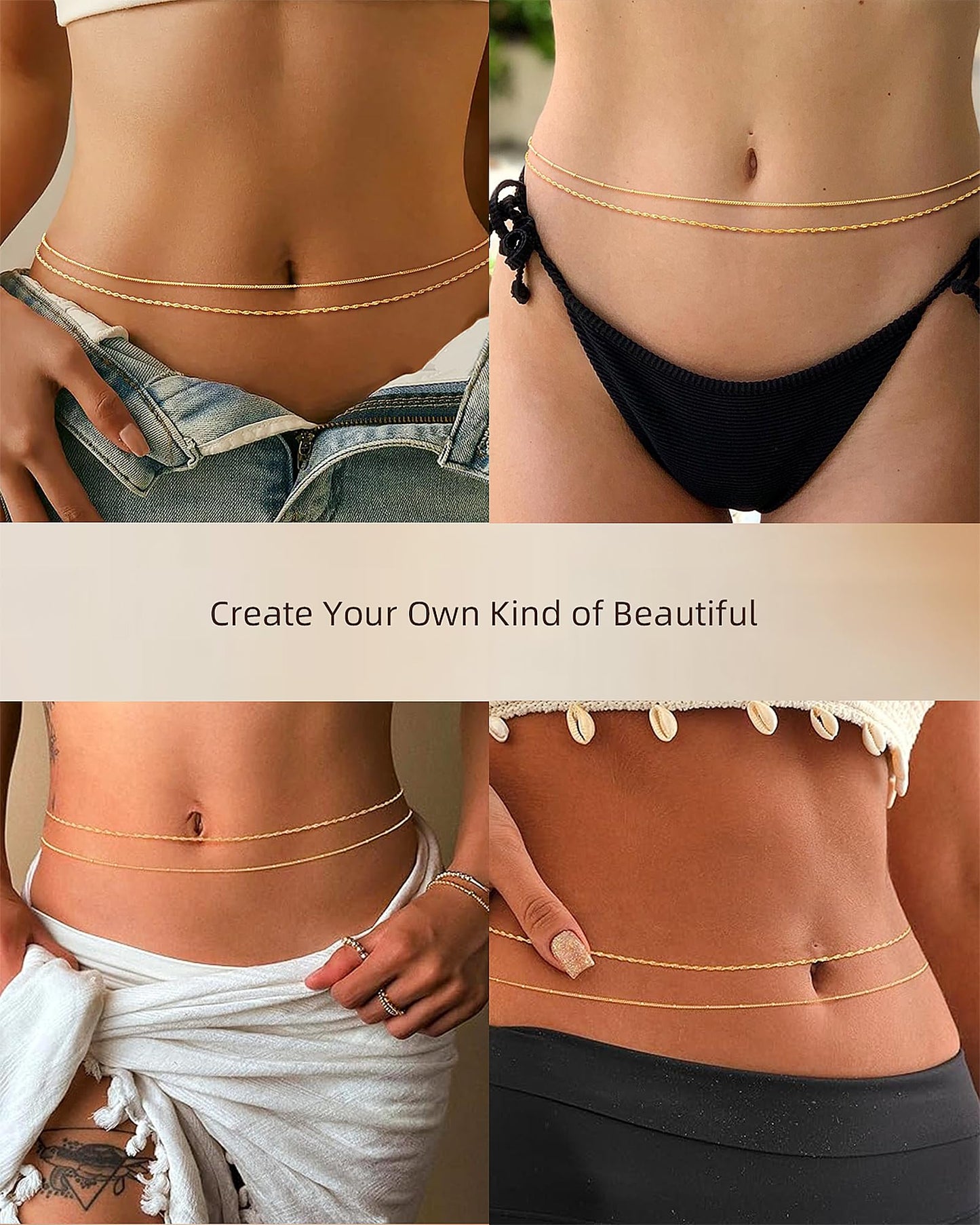 Gold Waist Chain for Women: Belly Beaded Body Chain Jewelry Waterproof for Stomach Belt Hip Fashion Beach Bikini Summer Jewelry Plus Size Hypoallergenic Surgical Stainless Steel 18K Gold