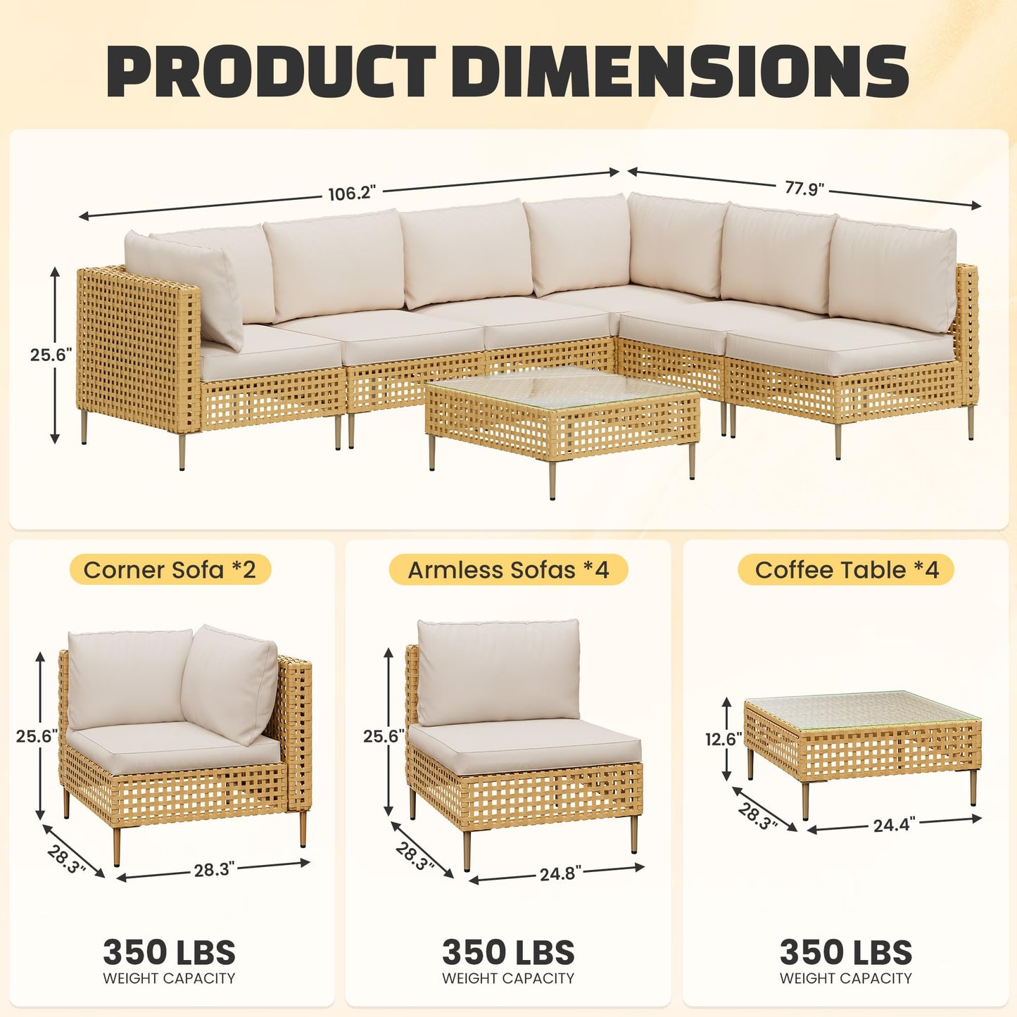 LHBcraft 7-Piece Wicker Outdoor Patio Furniture Set, Modular Rattan Outdoor Furniture, Patio Conversation Sets, Handmade Rattan, Water Resistant Fluffy Cushions and Coffee Table, Beige