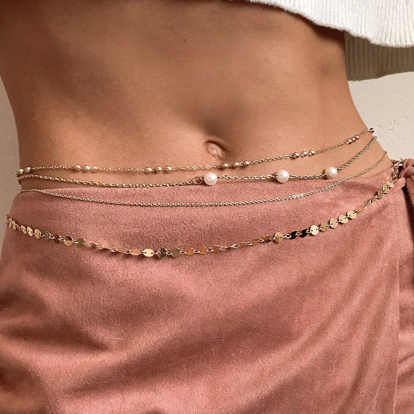 PEARLADA 18k Gold Plated Waist Chain Belt for Women, Adjustable Waist Beads Beach Bikini Belly Chain