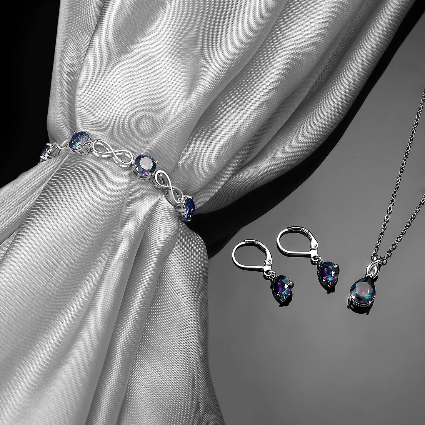 VOLUKA 18K White Gold Plated Rainbow CZ Jewelry Set Teardrop Necklace/Leverback Earrings/Adjustable Infinity Bracelet for Women Pack of 3
