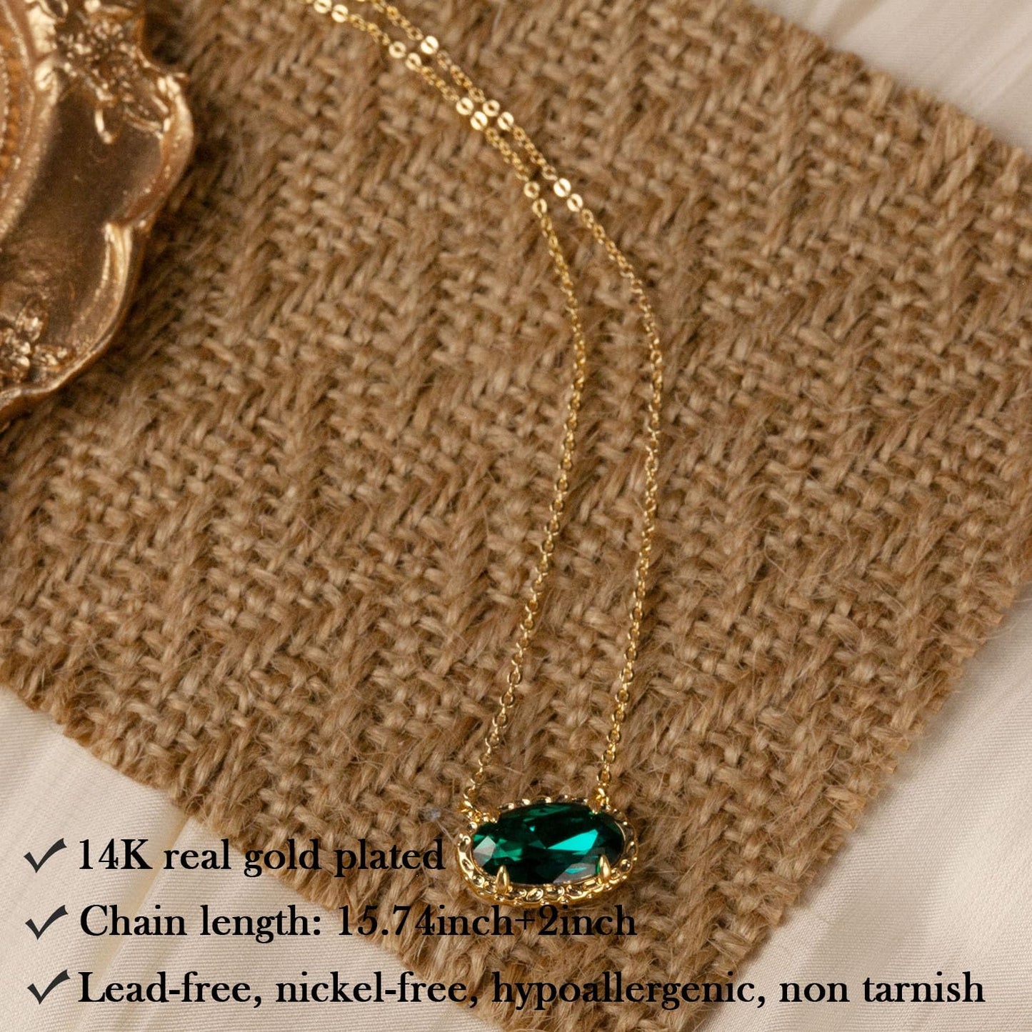 TLY Gold Necklace for Women 14k Gold Plated Dainty Oval Pendant Necklace Red Rose Quartz Druzy Stone Black Emerald Green Blue Choker Necklace Birthday Wedding Bridesmaid Prom Jewelry Gifts for Mom