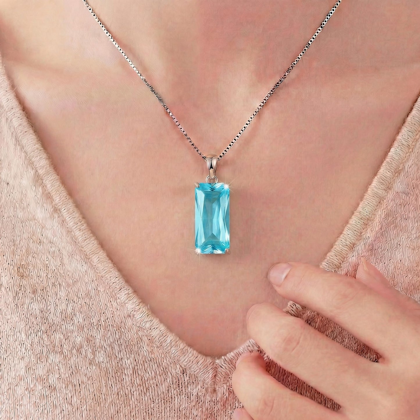 Kuschelkatze 8mm x 16mm Square March Birthstone Aquamarine Pendant Necklace – Fashion charming Sterling Silver Gift for women