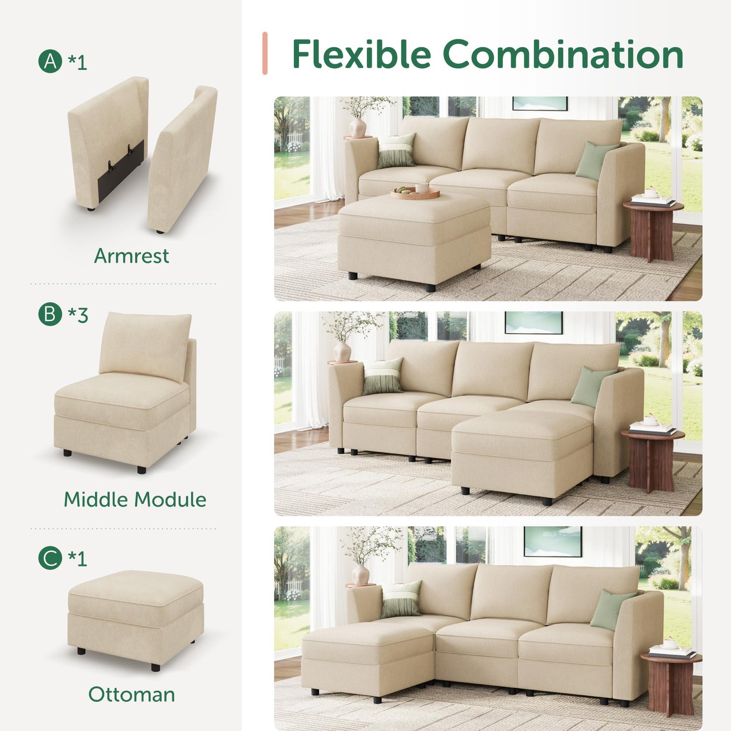 HONBAY Modular Sectional Sofa with Storage L Shaped Sectional Sofa, Convertible Couches for Living Room - Beige