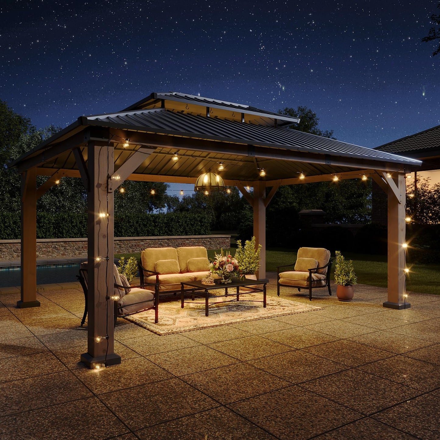 Aoxun 12' x 16' Outdoor Wood Gazebo, Hardtop Gazebo Permanent Wooden Pavilion with Galvanized Steel Double Roof, for Patio, Garden, Backyard, Cedar Wood, Grey