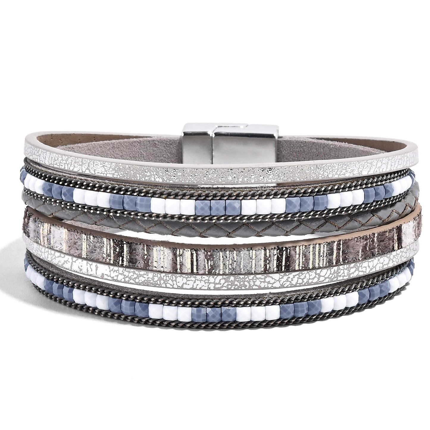 VIBILIA Boho Leather Wrap Bracelets for Women Trendy Layered Multi-Layer Bracelets with Strong Clasp Jewelry for Women-Gray