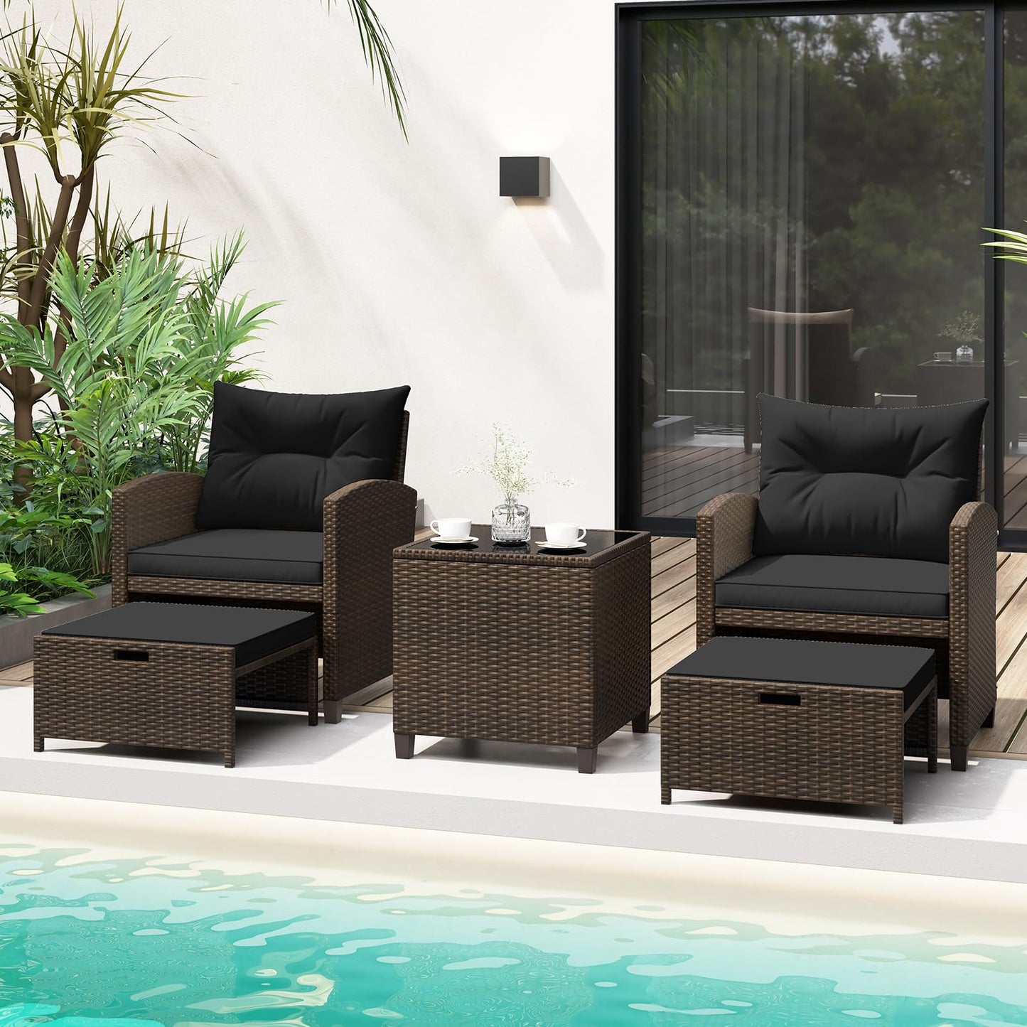 Tangkula 5 Pieces Patio Conversation Set, PE Wicker Rattan Outdoor Furniture Set with 2 Chairs, 2 Ottomans & Tempered Glass Coffee Table, Ideal for Poolside, Backyard, Lawn, Deck, Mix Brown & Black