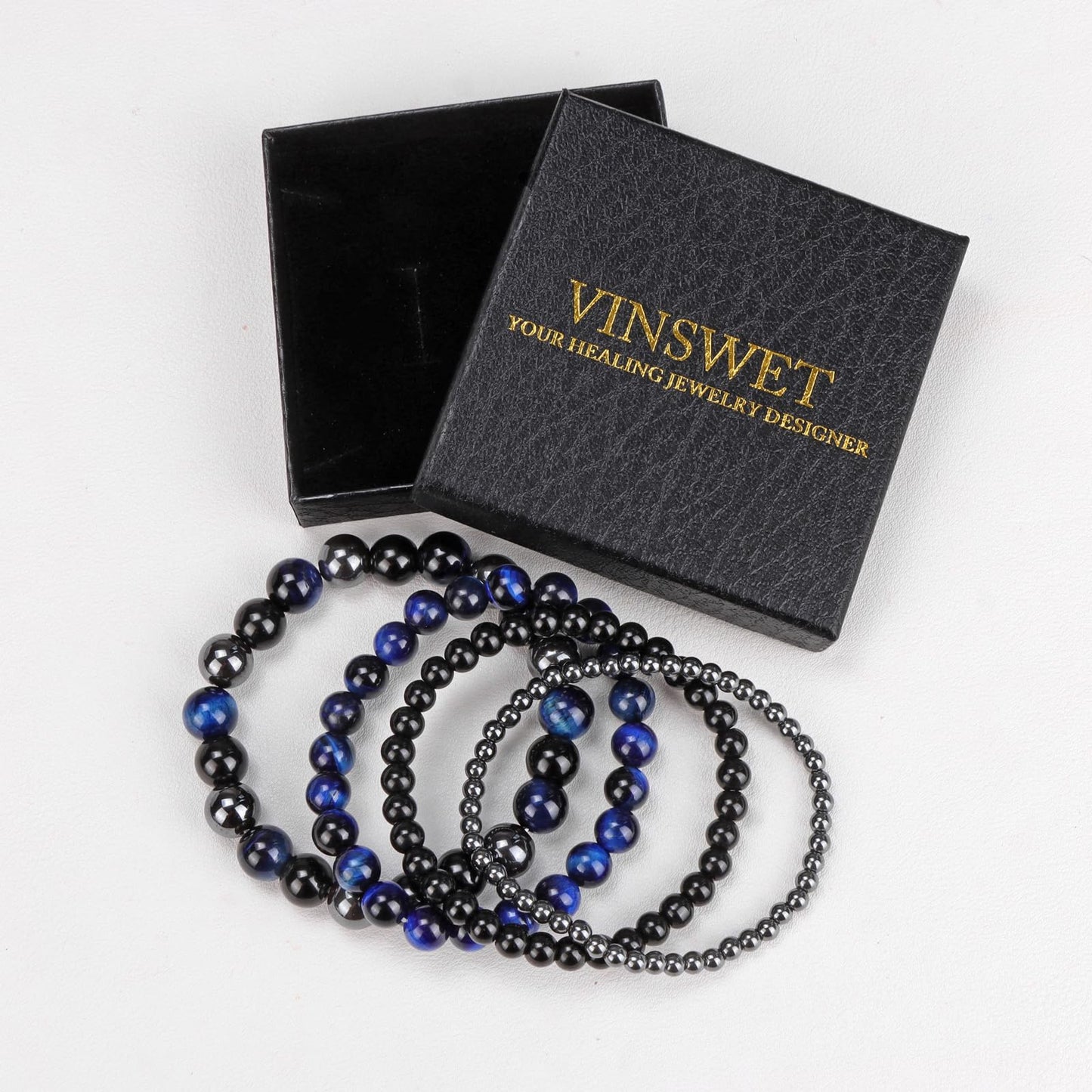 Vinswet 4pcs Natural Stone Beaded Bracelets for Women Men,Healing Crystal Gemstones Stretch Bracelet,4mm 6mm 8mm 10mm lapis lazuli Tiger Eye Black Obsidian Hematite Anxiety Stress Relief Bracelet Jewelry Gifts