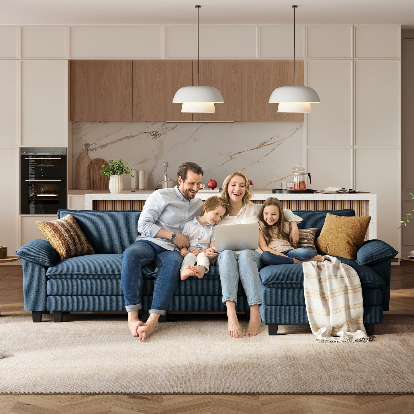LINSY HOME 123'' Modular Sectional Sofa Blue Couch Corduroy Cloud Couches for Living Room, L Shaped Couch with Movable Ottoman, Modern Cloud Sectional Sofas for Bedroom and Apartment, Blue
